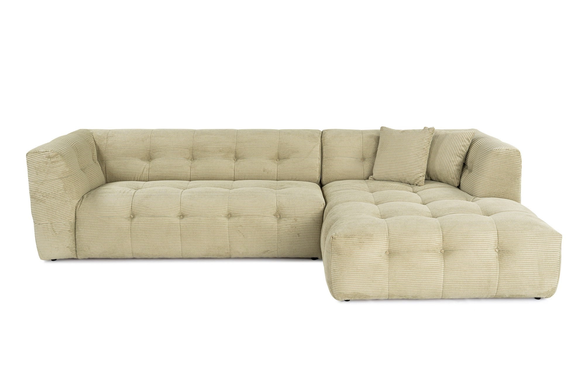 Sofá de canto elegante, verde, estrutura de madeira de faia e aglomerado, 300x150 cm | 100% poliéster, espuma 28 DNS, almofadas fixas, perfeito para espaços modernos