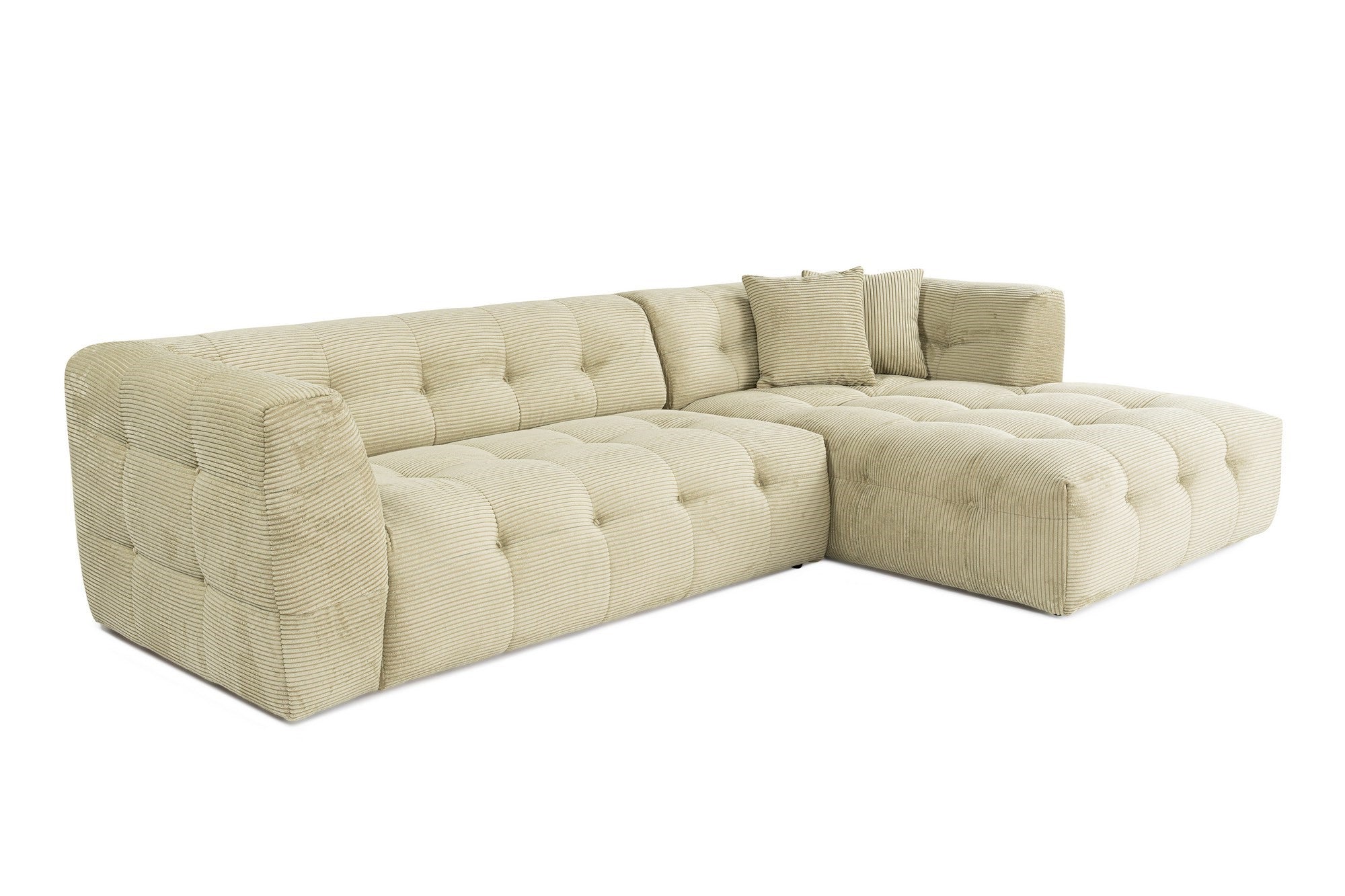 Sofá de canto elegante, verde, estrutura de madeira de faia e aglomerado, 300x150 cm | 100% poliéster, espuma 28 DNS, almofadas fixas, perfeito para espaços modernos