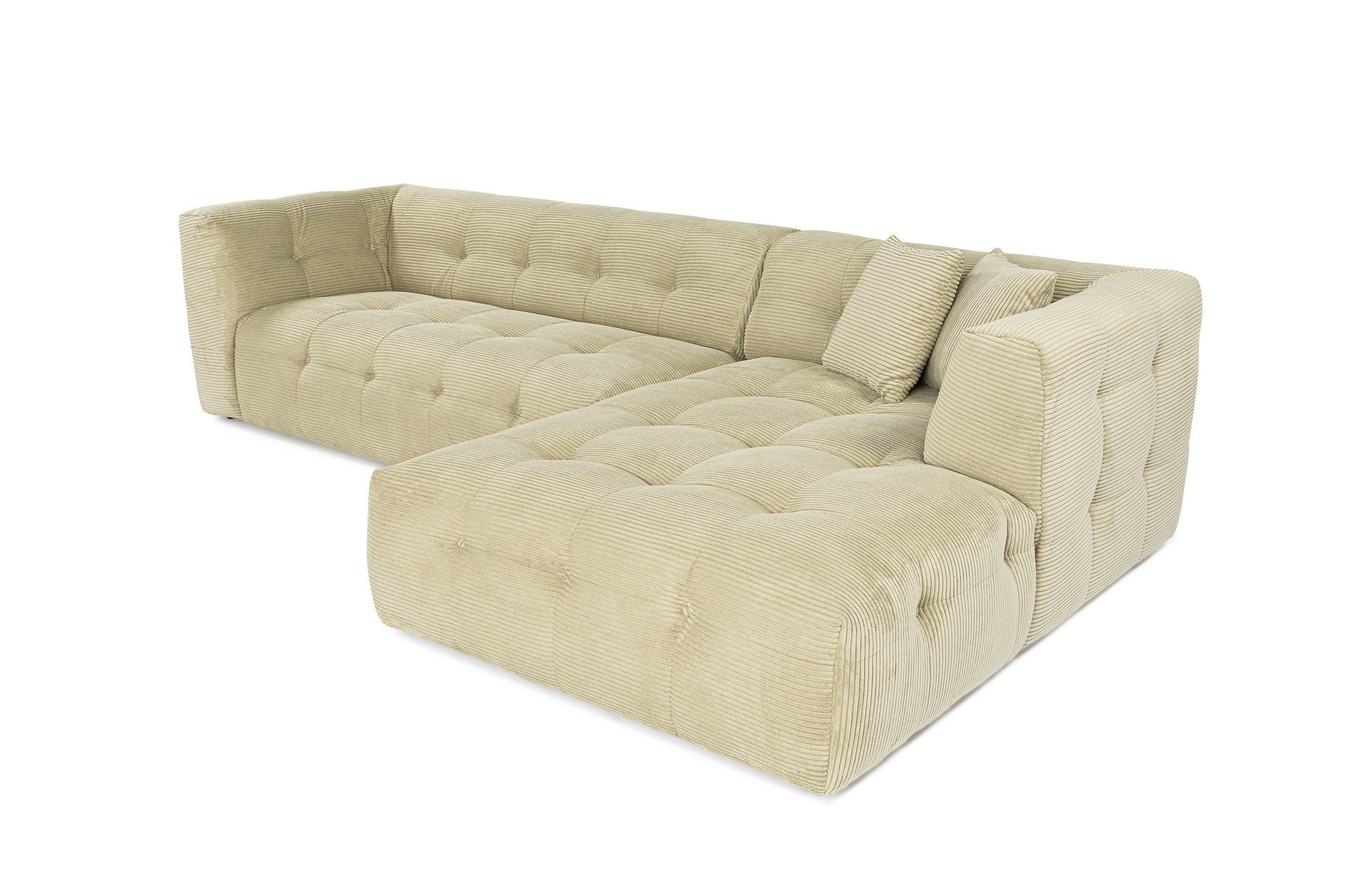Sofá de canto elegante, verde, estrutura de madeira de faia e aglomerado, 300x150 cm | 100% poliéster, espuma 28 DNS, almofadas fixas, perfeito para espaços modernos