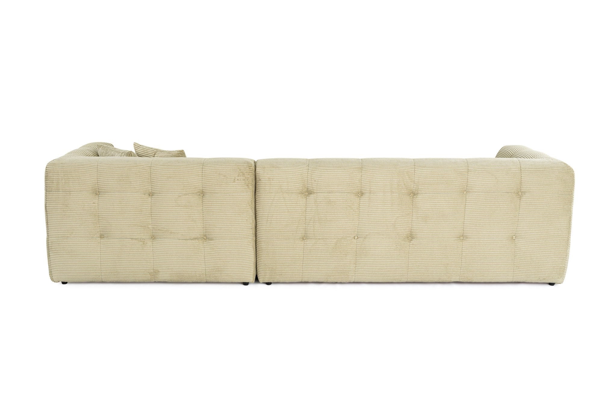 Sofá de canto elegante, verde, estrutura de madeira de faia e aglomerado, 300x150 cm | 100% poliéster, espuma 28 DNS, almofadas fixas, perfeito para espaços modernos