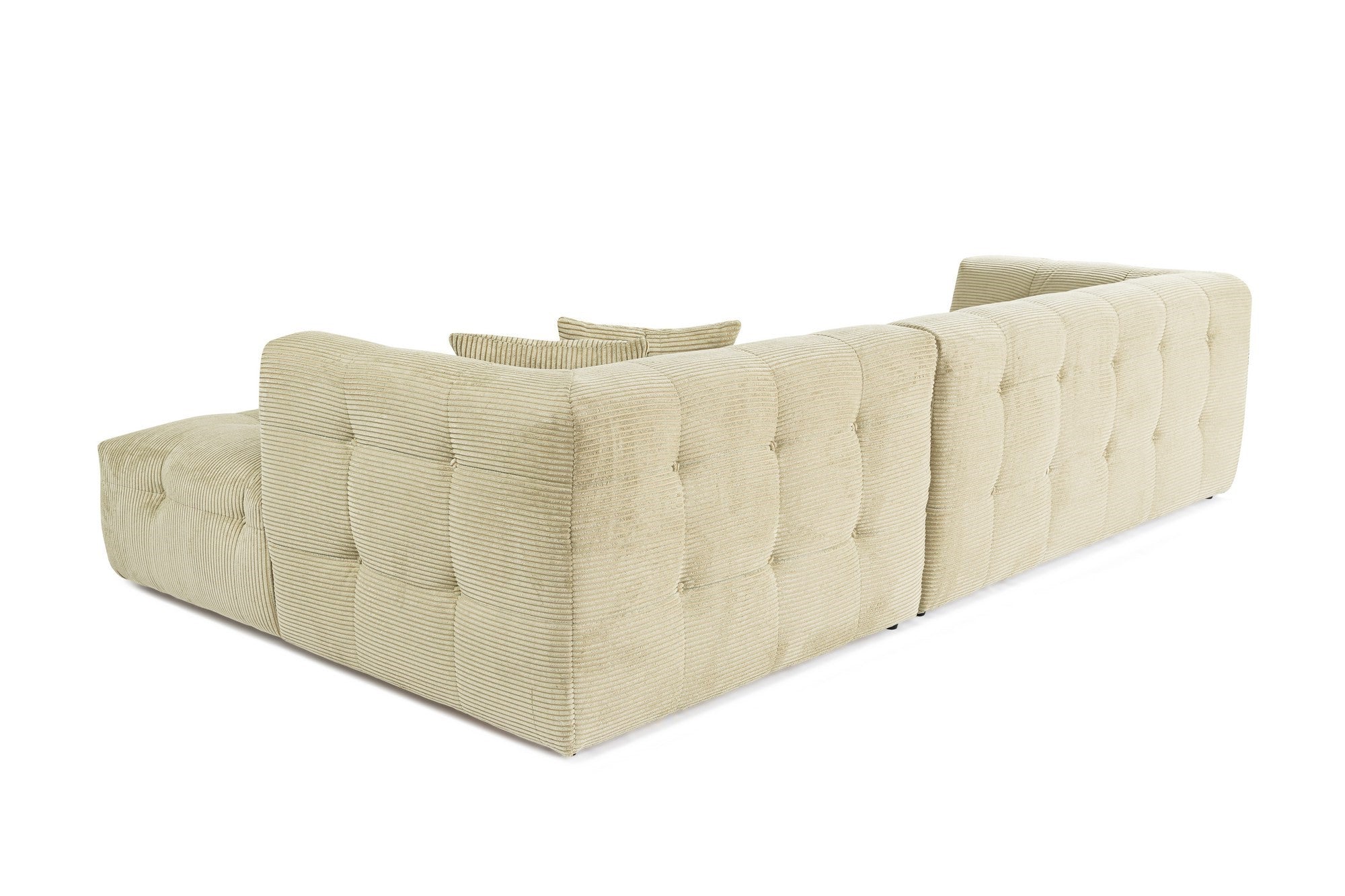 Sofá de canto elegante, verde, estrutura de madeira de faia e aglomerado, 300x150 cm | 100% poliéster, espuma 28 DNS, almofadas fixas, perfeito para espaços modernos