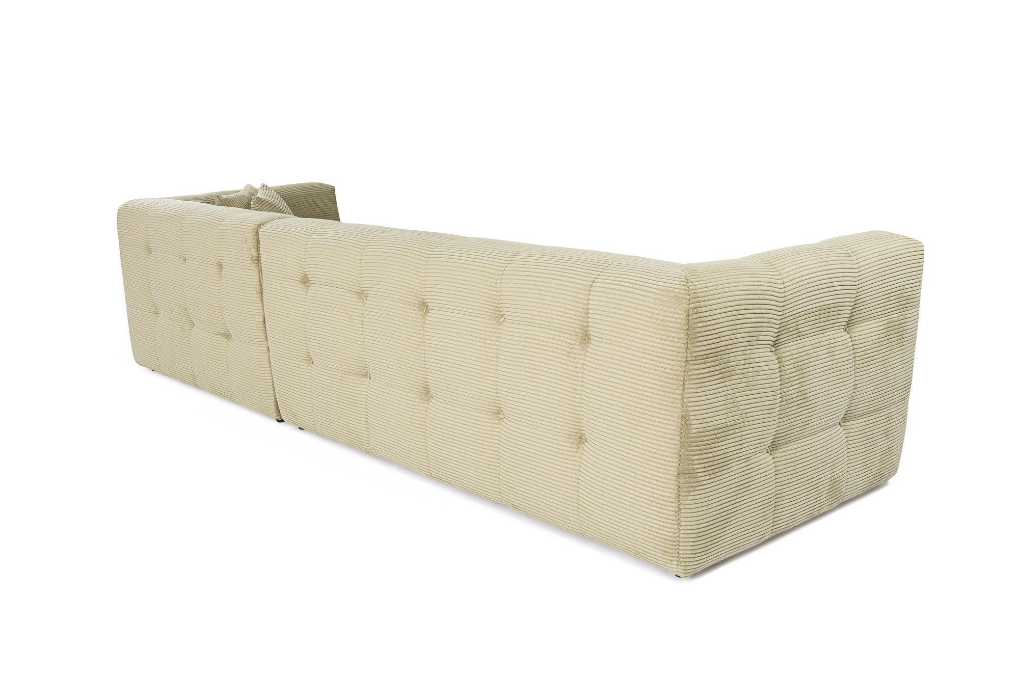 Sofá de canto elegante, verde, estrutura de madeira de faia e aglomerado, 300x150 cm | 100% poliéster, espuma 28 DNS, almofadas fixas, perfeito para espaços modernos