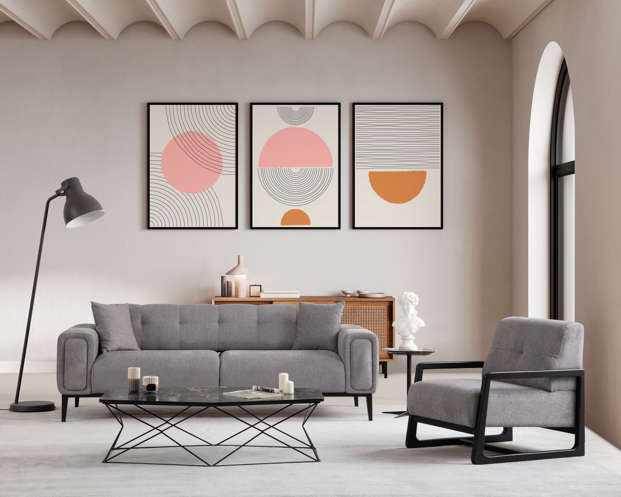 Sofá-cama elegante de 3 lugares, cinza claro, 225 x 92 x 76 cm | Estrutura em madeira de faia, 100% poliéster, mecanismo giratório | Perfeito para espaços modernos