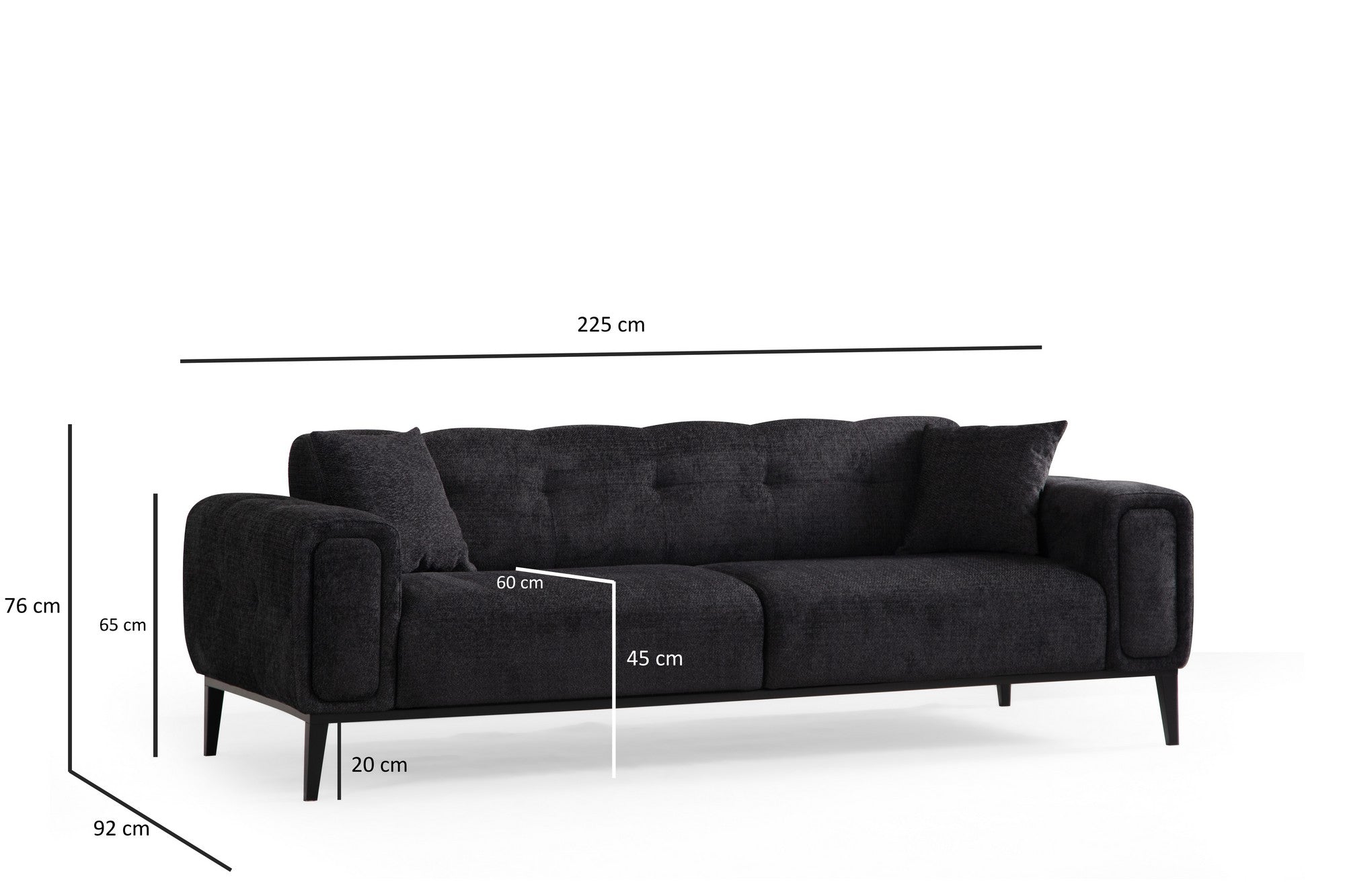 Sofá-cama elegante de 3 lugares, preto, 225 x 92 x 76 cm | Estrutura em madeira de faia, 100% poliéster, mecanismo giratório para as costas | Perfeito para espaços modernos