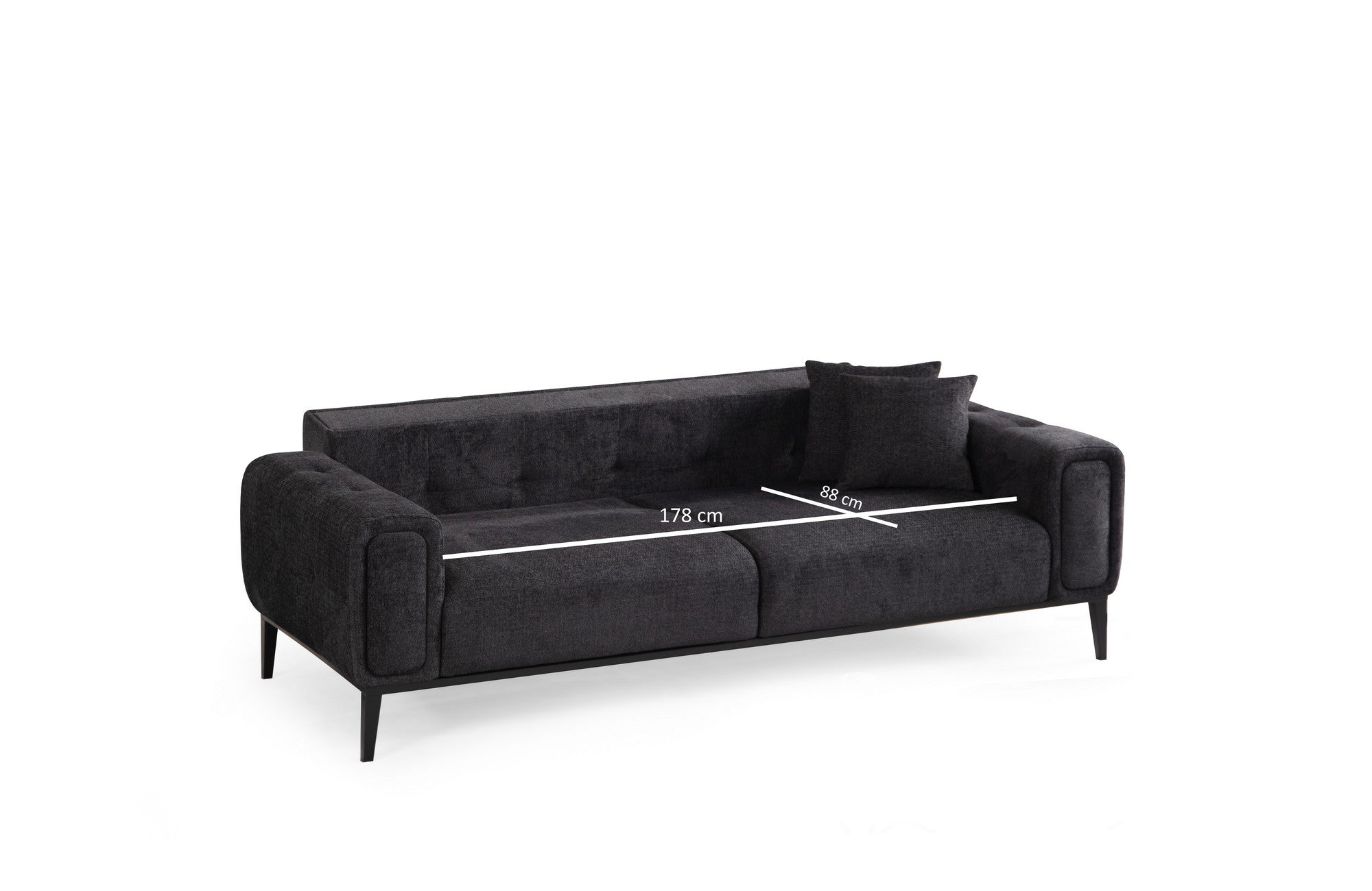Sofá-cama elegante de 3 lugares, preto, 225 x 92 x 76 cm | Estrutura em madeira de faia, 100% poliéster, mecanismo giratório para as costas | Perfeito para espaços modernos