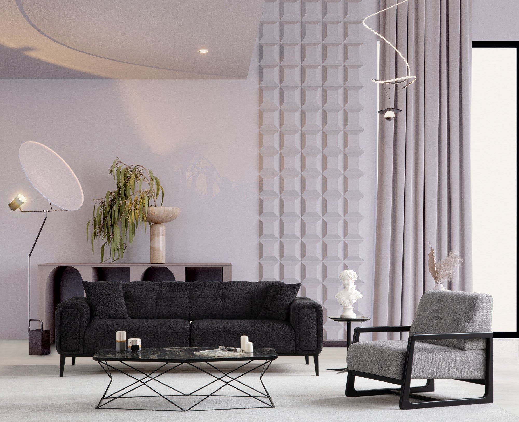 Sofá-cama elegante de 3 lugares, preto, 225 x 92 x 76 cm | Estrutura em madeira de faia, 100% poliéster, mecanismo giratório para as costas | Perfeito para espaços modernos