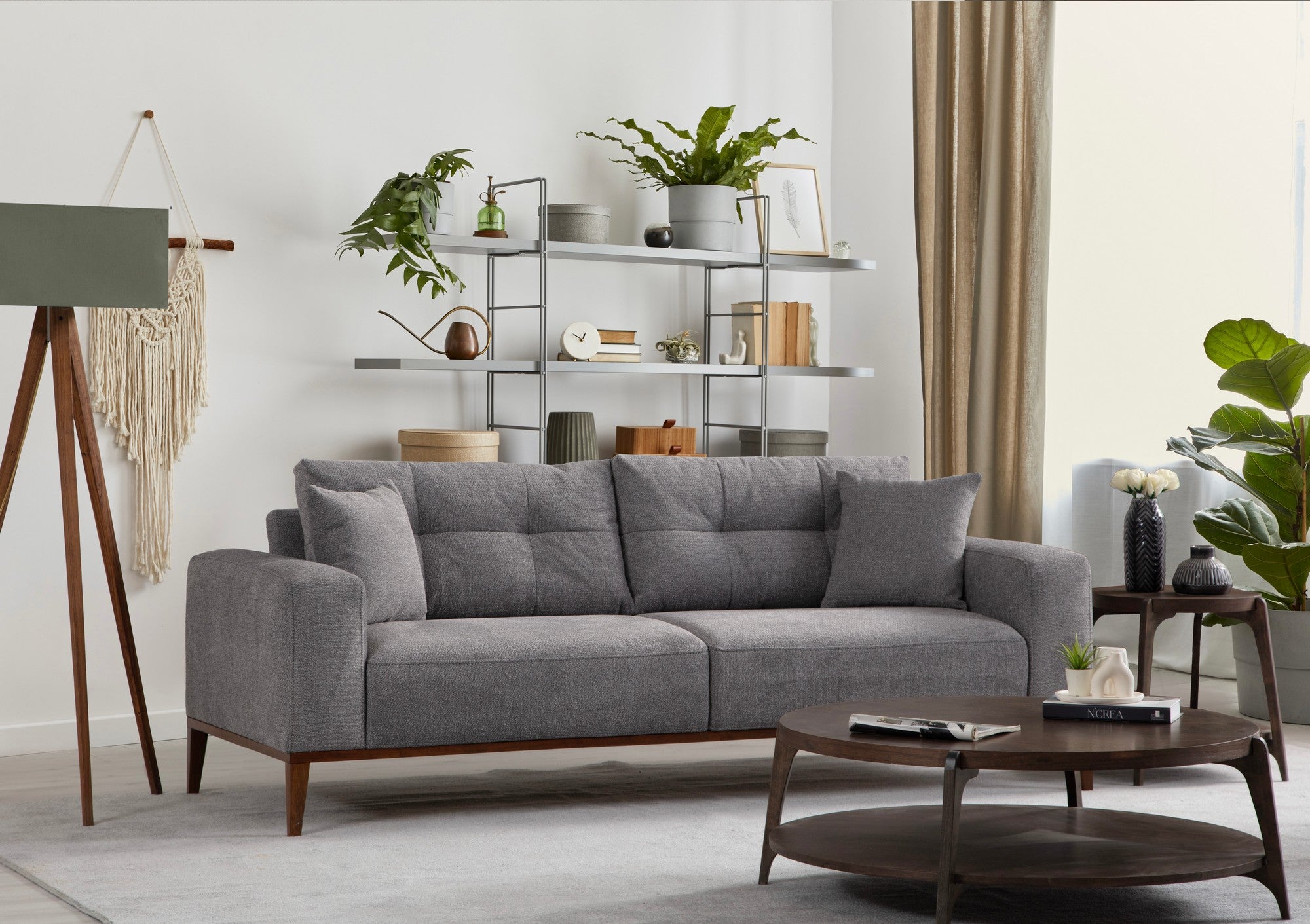Sofá-cama elegante de 3 lugares, cinza claro, 225 cm | Estrutura em madeira de faia, 100% poliéster, mecanismo giratório nas costas | Perfeito para salas de estar modernas e espaços para hóspedes