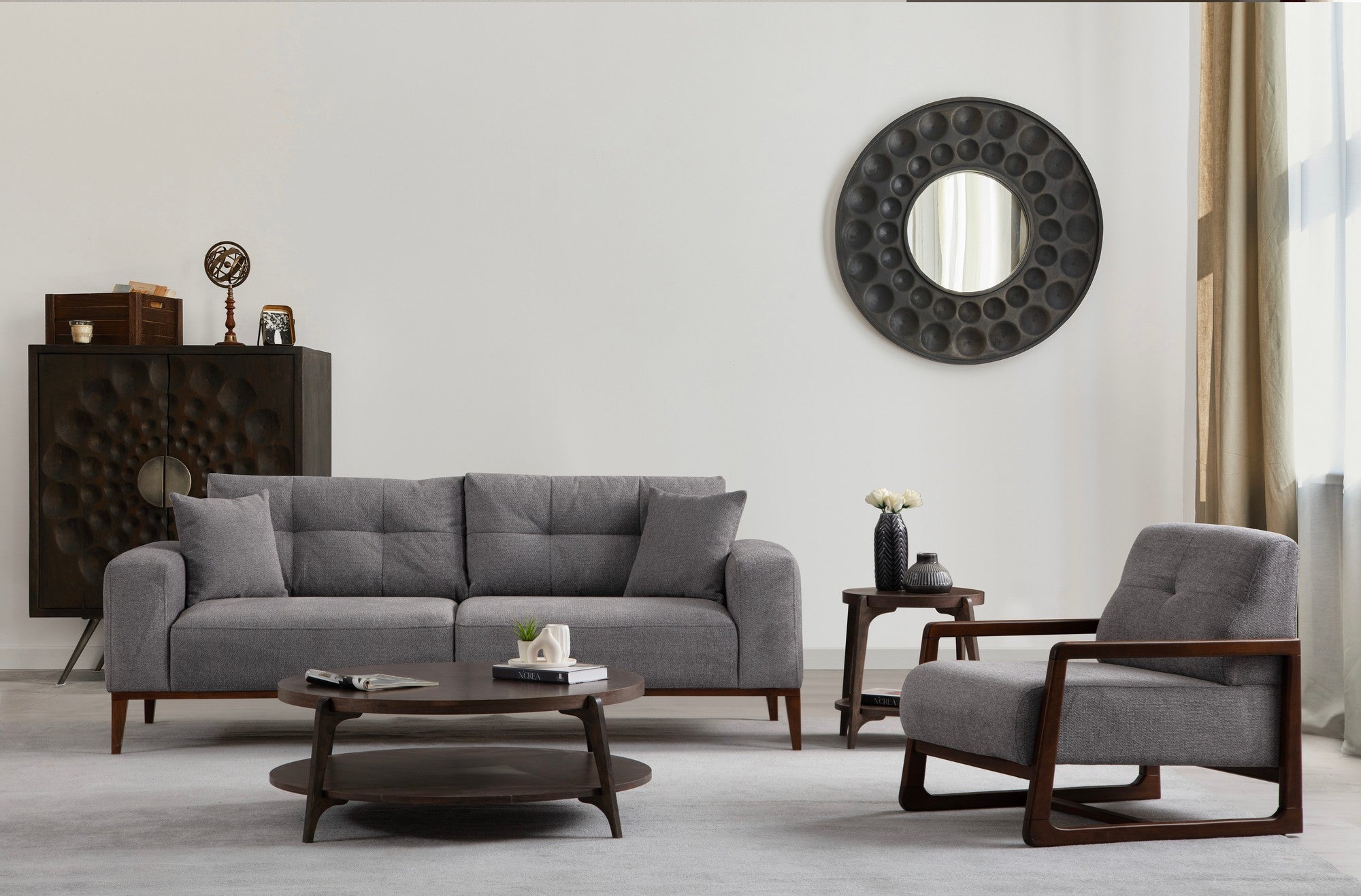 Sofá-cama elegante de 3 lugares, cinza claro, 225 cm | Estrutura em madeira de faia, 100% poliéster, mecanismo giratório nas costas | Perfeito para salas de estar modernas e espaços para hóspedes