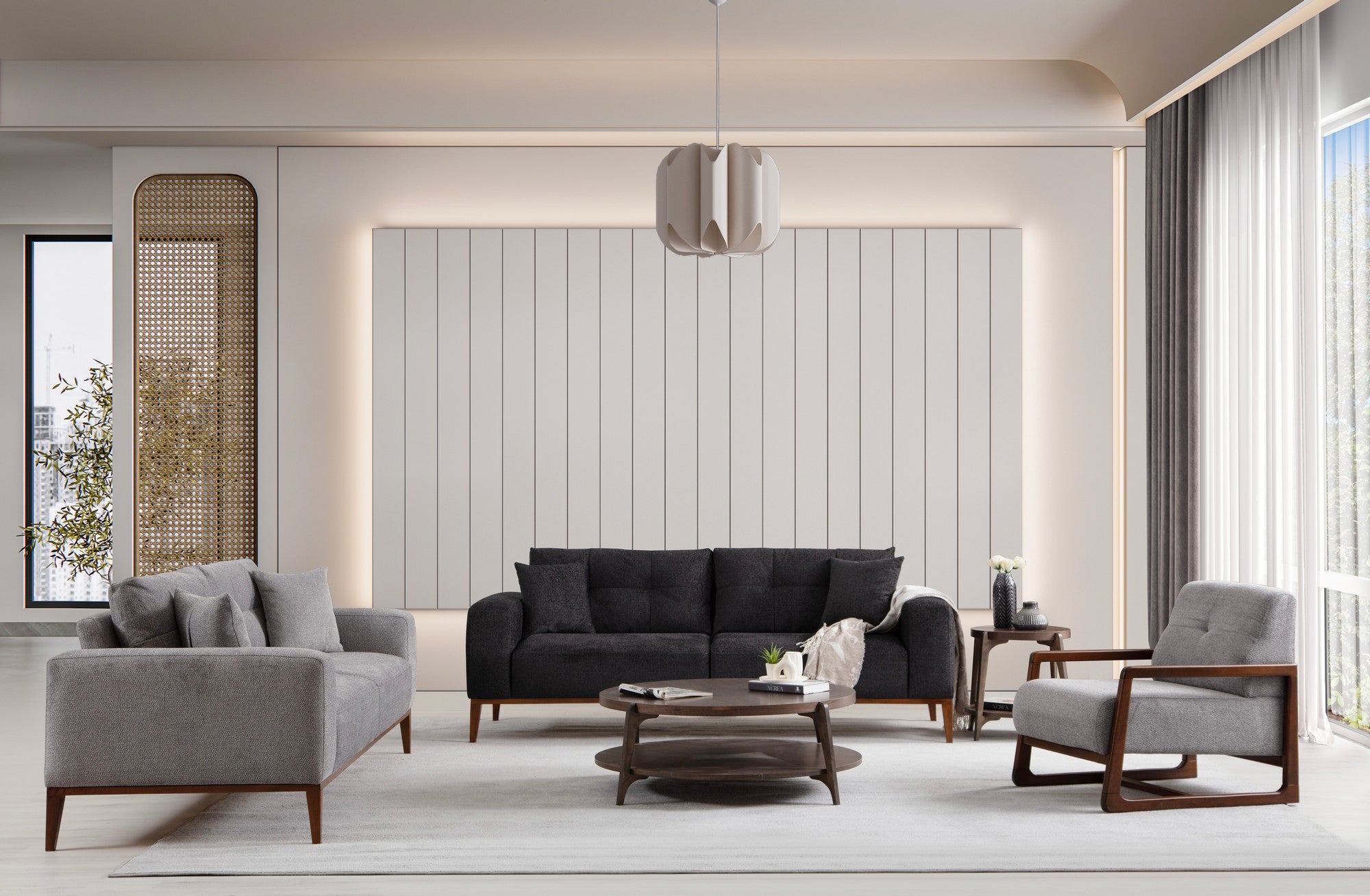 Sofá-cama elegante de 3 lugares, cinza claro, 225 cm | Estrutura em madeira de faia, 100% poliéster, mecanismo giratório nas costas | Perfeito para salas de estar modernas e espaços para hóspedes