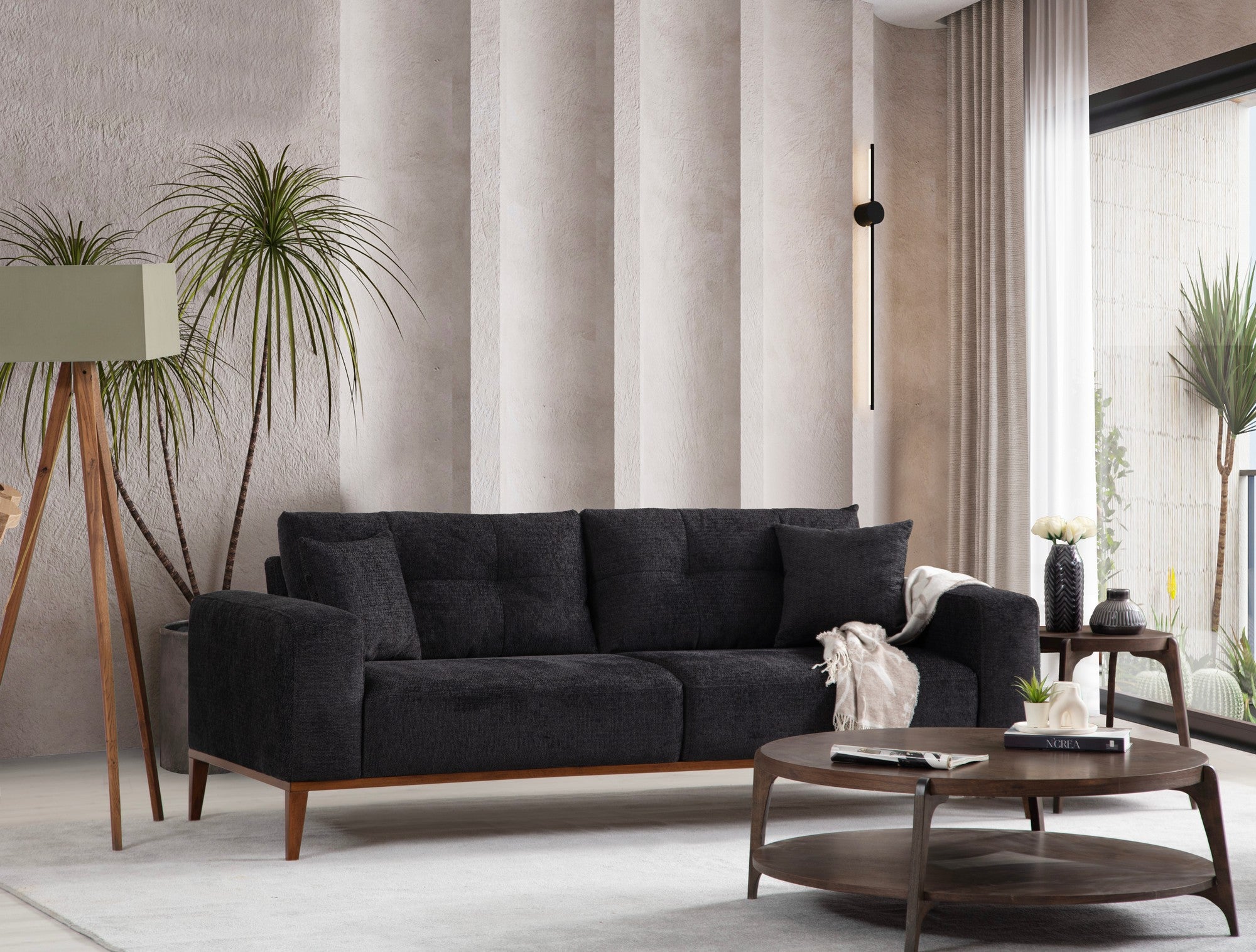 Sofá-cama elegante de 3 lugares, antracite, 225 x 92 x 75 cm | Estrutura em madeira de faia, 100% poliéster, mecanismo giratório para o encosto | Perfeito para espaços modernos