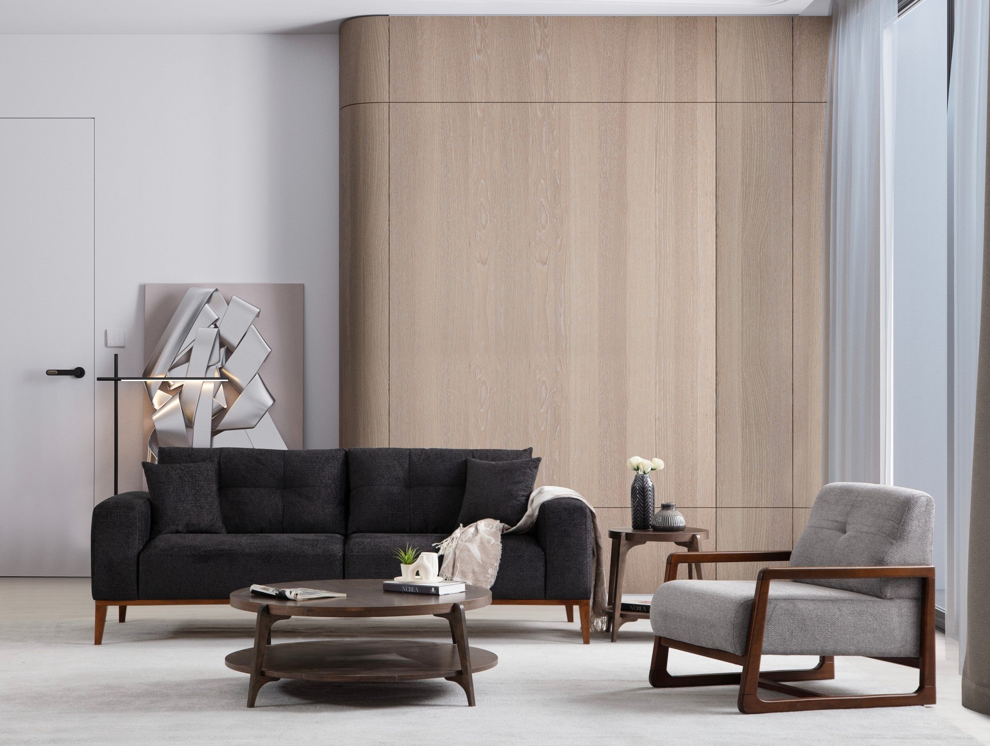 Sofá-cama elegante de 3 lugares, antracite, 225 x 92 x 75 cm | Estrutura em madeira de faia, 100% poliéster, mecanismo giratório para o encosto | Perfeito para espaços modernos