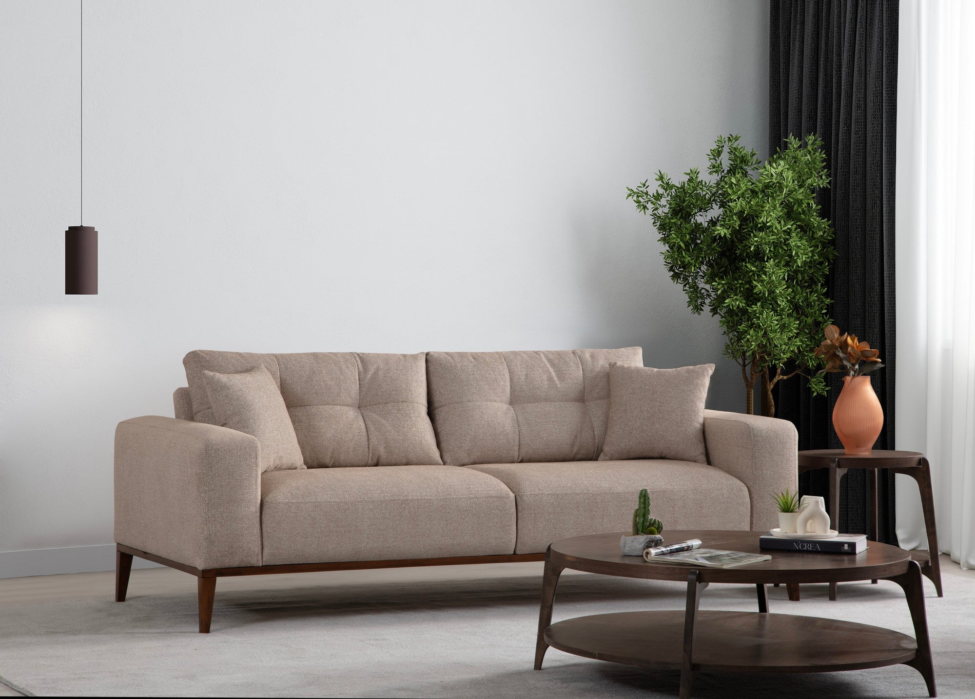 Sofá-cama elegante de 3 lugares, bege, 225 x 92 x 75 cm | Estrutura em madeira de faia, 100% poliéster, mecanismo giratório, tecido lavável a seco, design elegante