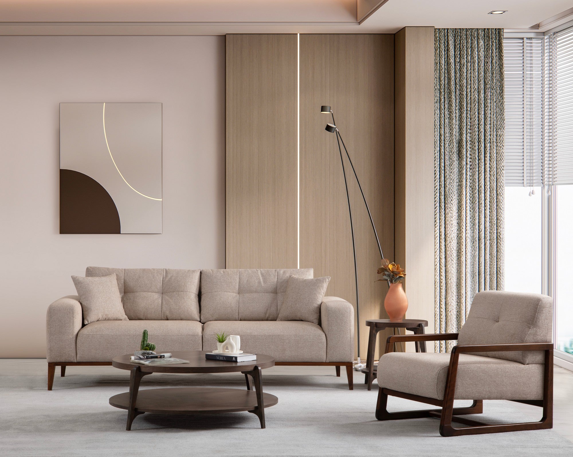 Sofá-cama elegante de 3 lugares, bege, 225 x 92 x 75 cm | Estrutura em madeira de faia, 100% poliéster, mecanismo giratório, tecido lavável a seco, design elegante