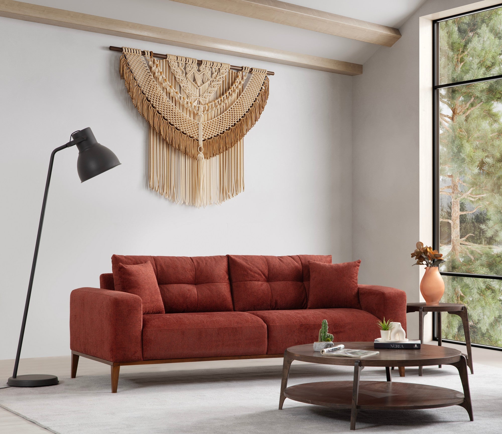 Sofá-cama elegante de 3 lugares, vermelho-azulejo, 225 x 92 x 75 cm | Estrutura em madeira de faia, 100% poliéster, mecanismo giratório | Perfeito para espaços modernos