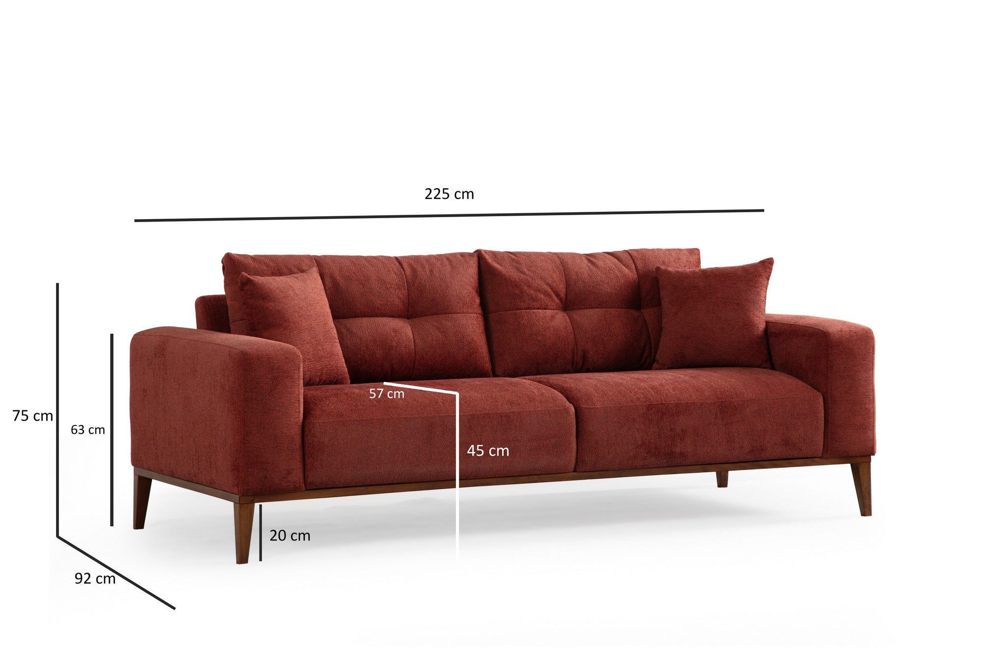 Sofá-cama elegante de 3 lugares, vermelho-azulejo, 225 x 92 x 75 cm | Estrutura em madeira de faia, 100% poliéster, mecanismo giratório | Perfeito para espaços modernos