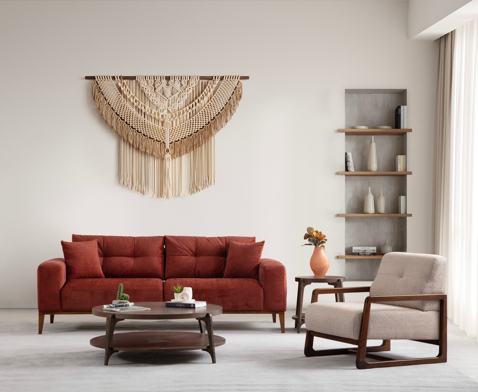 Sofá-cama elegante de 3 lugares, vermelho-azulejo, 225 x 92 x 75 cm | Estrutura em madeira de faia, 100% poliéster, mecanismo giratório | Perfeito para espaços modernos