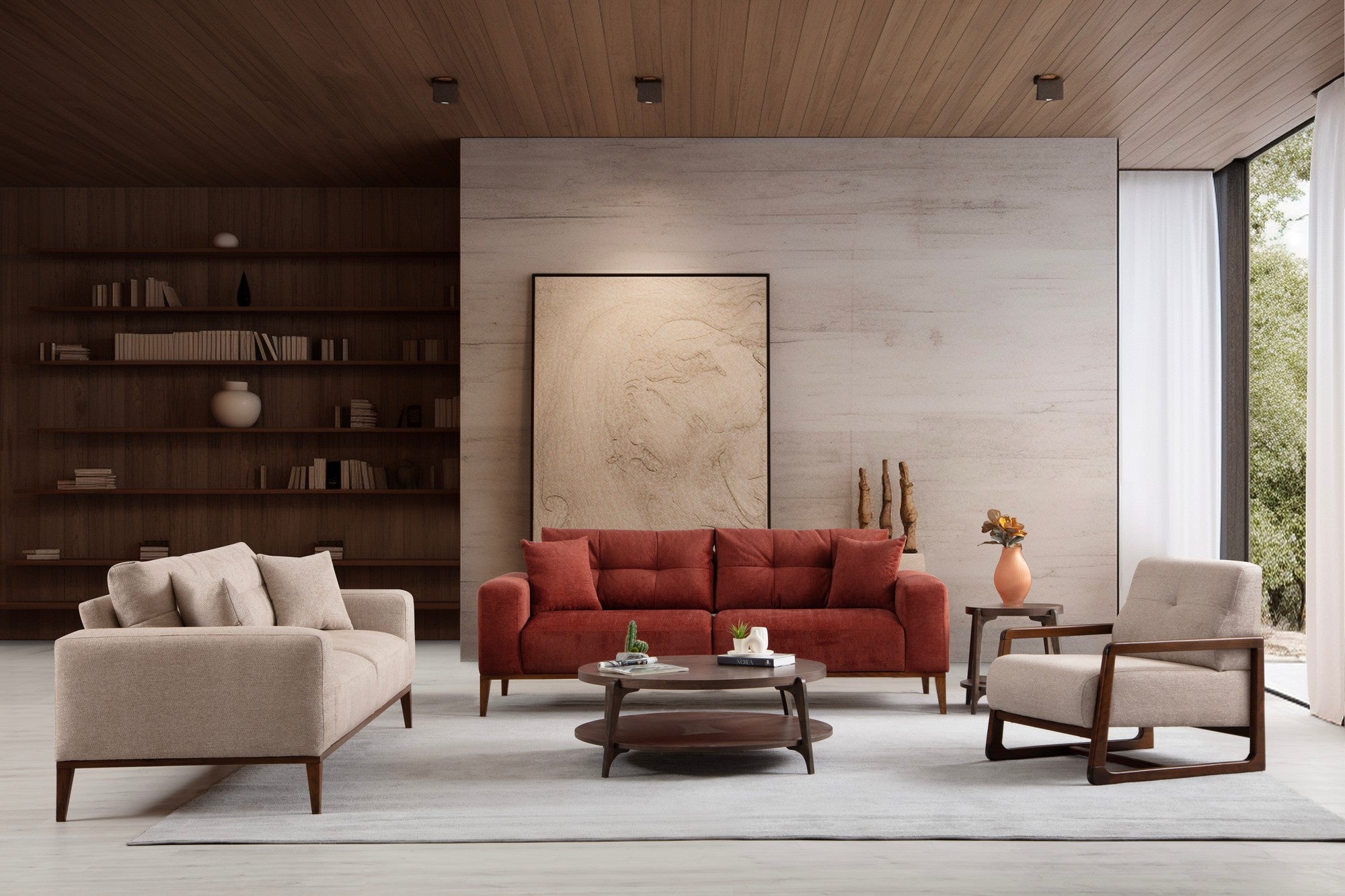 Sofá-cama elegante de 3 lugares, vermelho-azulejo, 225 x 92 x 75 cm | Estrutura em madeira de faia, 100% poliéster, mecanismo giratório | Perfeito para espaços modernos