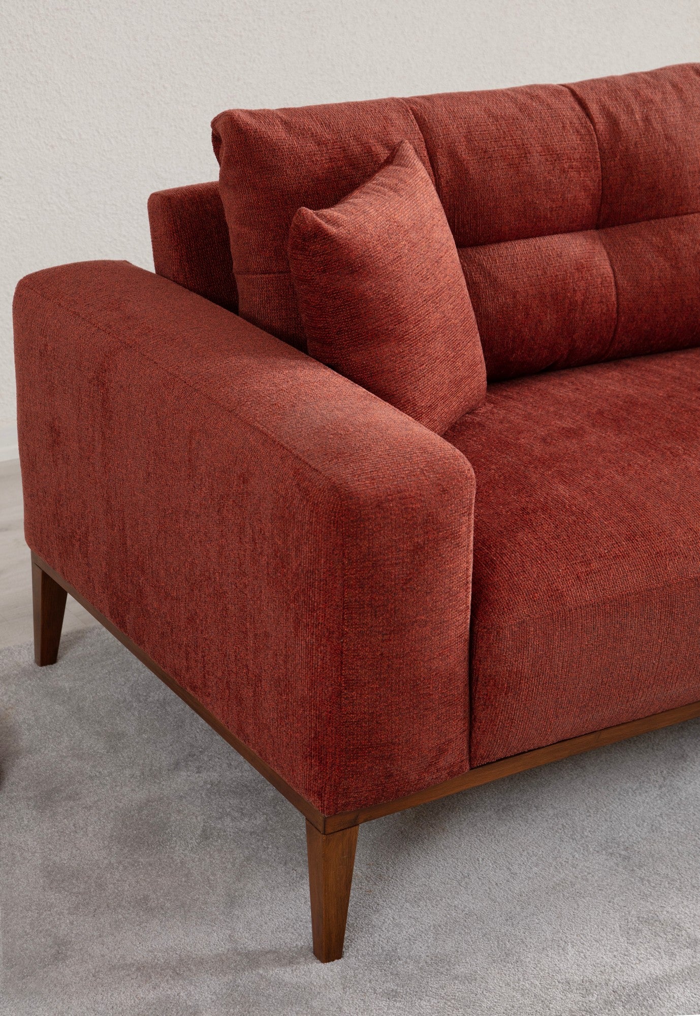 Sofá-cama elegante de 3 lugares, vermelho-azulejo, 225 x 92 x 75 cm | Estrutura em madeira de faia, 100% poliéster, mecanismo giratório | Perfeito para espaços modernos