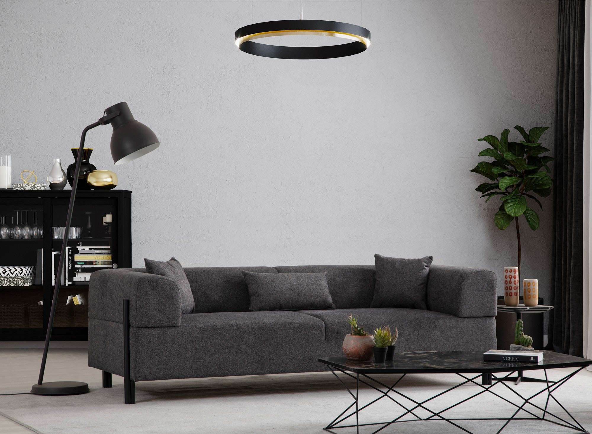 Sofá elegante de 3 lugares, antracite, 225 x 93 x 75 cm | Estrutura em madeira de faia e aglomerado, 100% poliéster, almofadas de espuma macia | Design moderno com pernas de metal preto