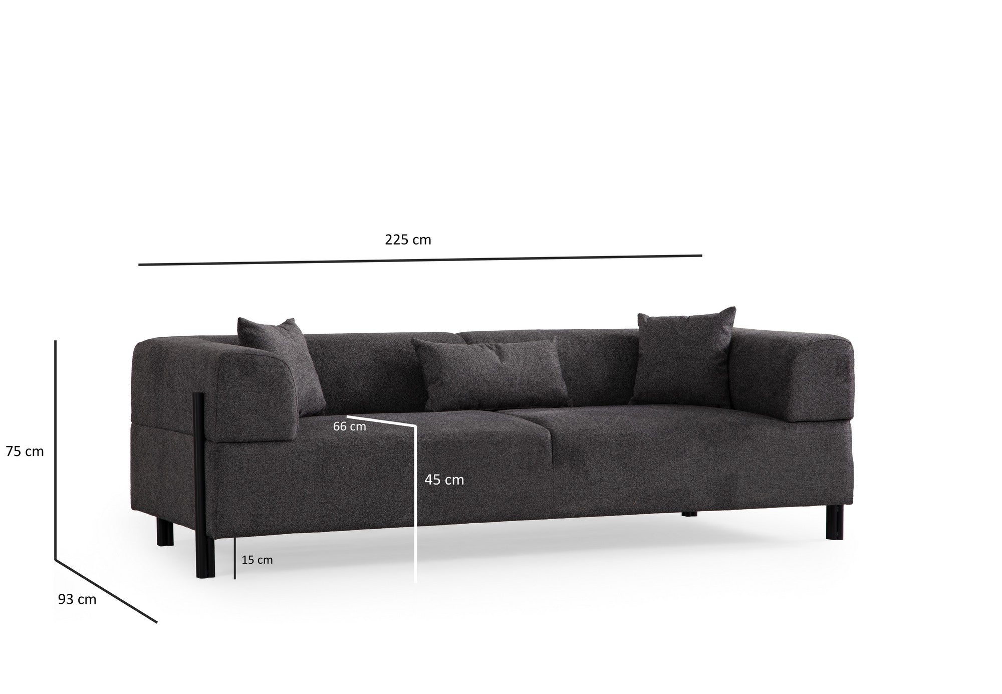 Sofá elegante de 3 lugares, antracite, 225 x 93 x 75 cm | Estrutura em madeira de faia e aglomerado, 100% poliéster, almofadas de espuma macia | Design moderno com pernas de metal preto