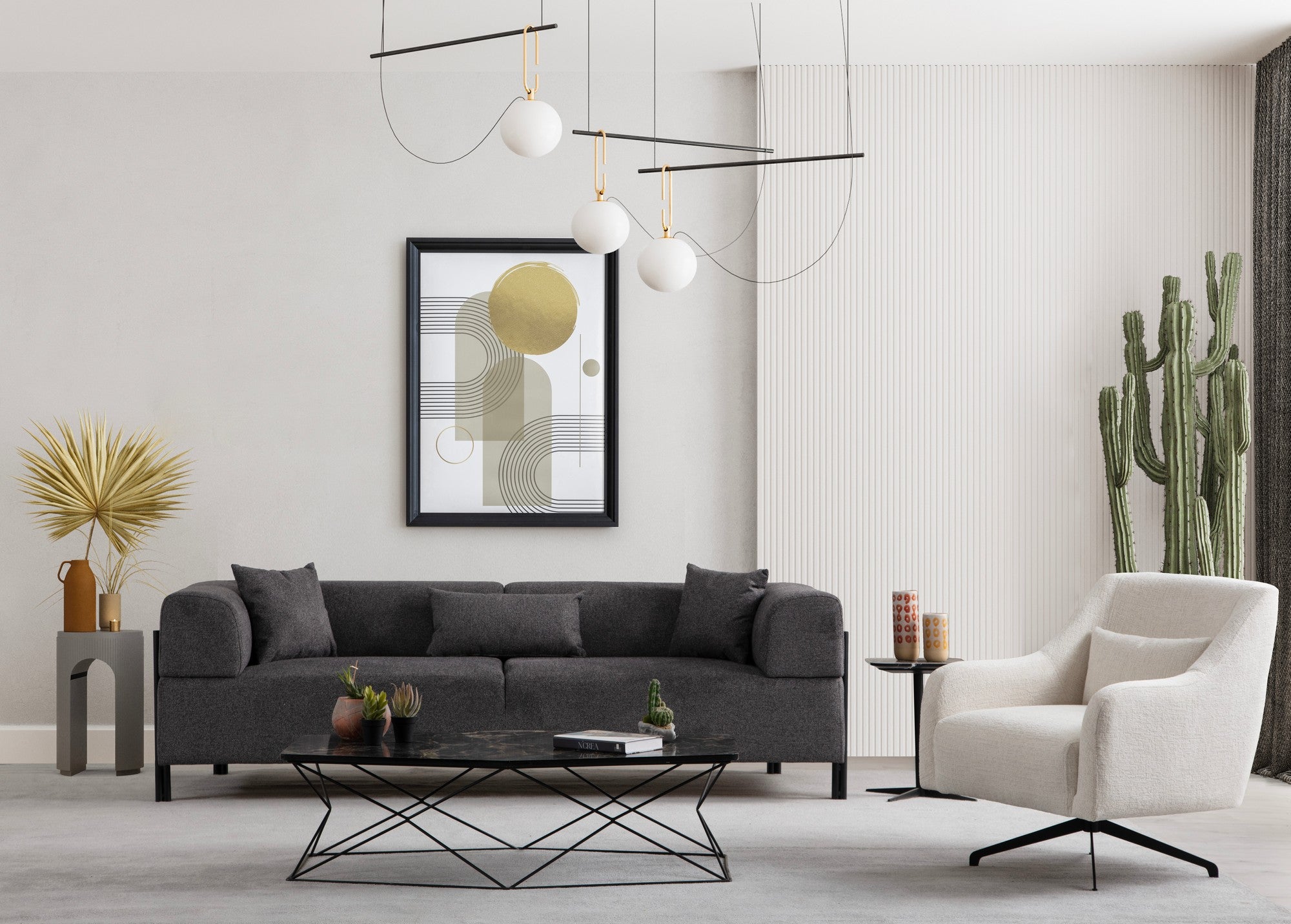 Sofá elegante de 3 lugares, antracite, 225 x 93 x 75 cm | Estrutura em madeira de faia e aglomerado, 100% poliéster, almofadas de espuma macia | Design moderno com pernas de metal preto