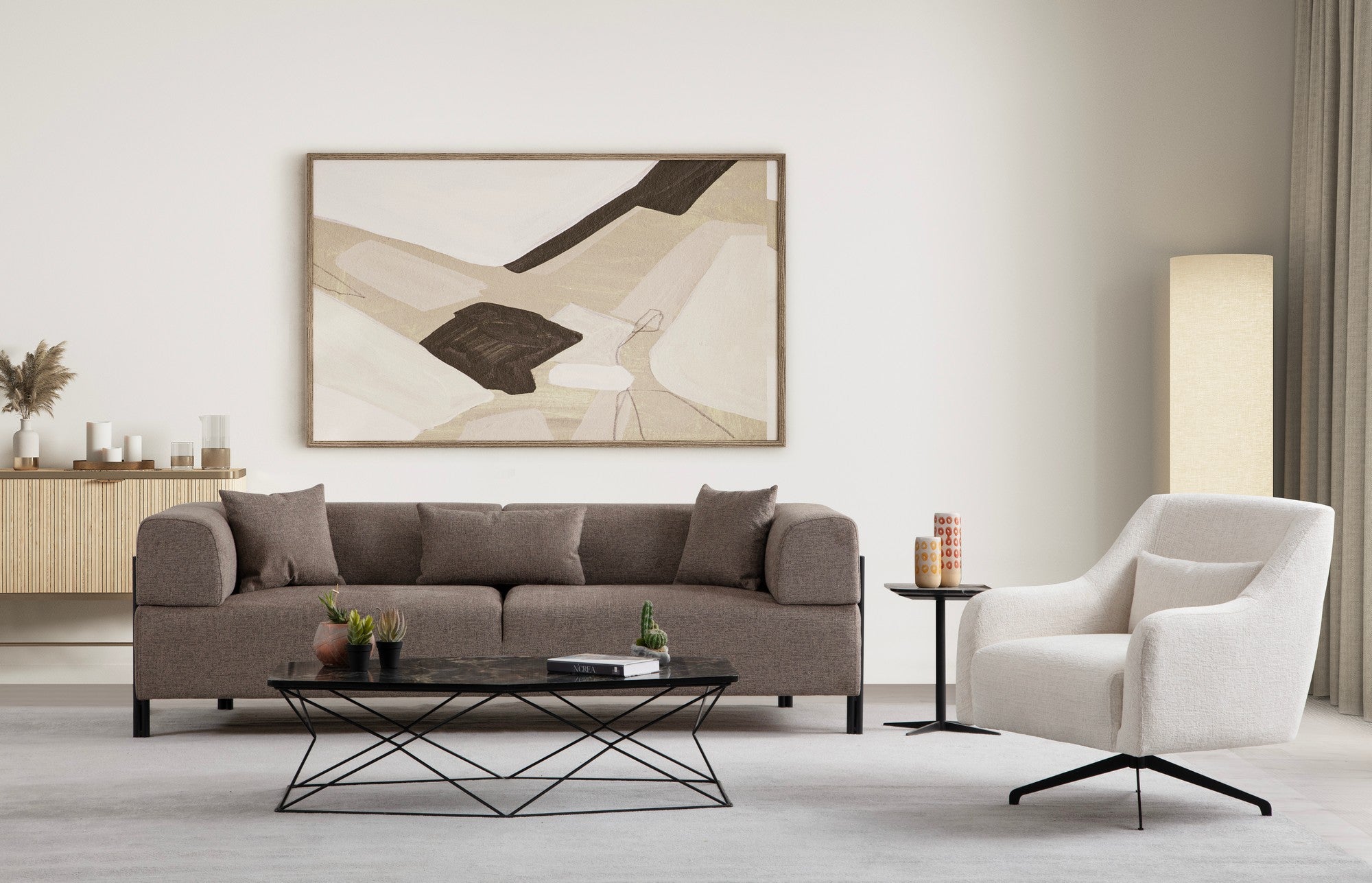 Sofá elegante de 3 lugares, marrom, 225 x 93 x 75 cm | Estrutura em madeira de faia e aglomerado, 100% poliéster, almofadas de espuma macia | Design moderno com pernas de metal preto