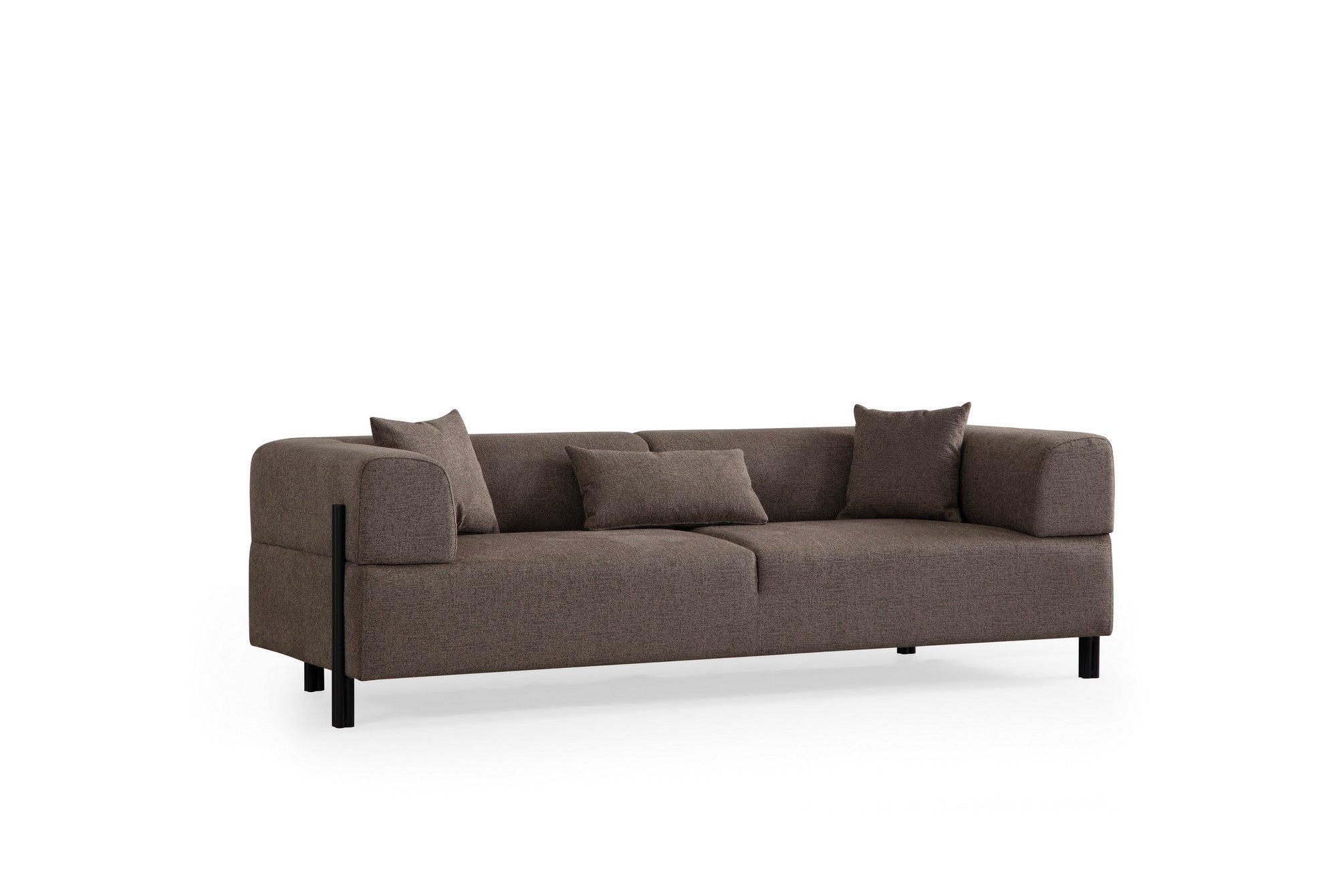 Sofá elegante de 3 lugares, marrom, 225 x 93 x 75 cm | Estrutura em madeira de faia e aglomerado, 100% poliéster, almofadas de espuma macia | Design moderno com pernas de metal preto