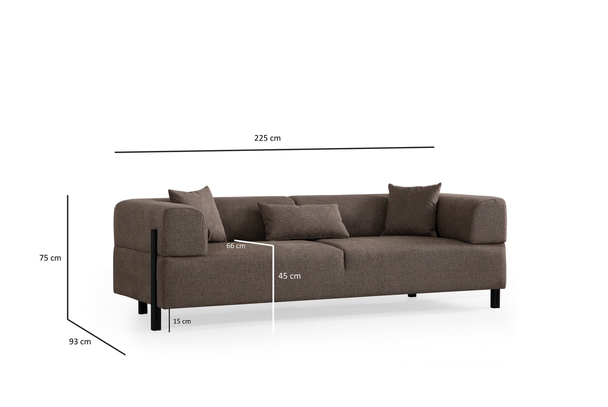 Sofá elegante de 3 lugares, marrom, 225 x 93 x 75 cm | Estrutura em madeira de faia e aglomerado, 100% poliéster, almofadas de espuma macia | Design moderno com pernas de metal preto