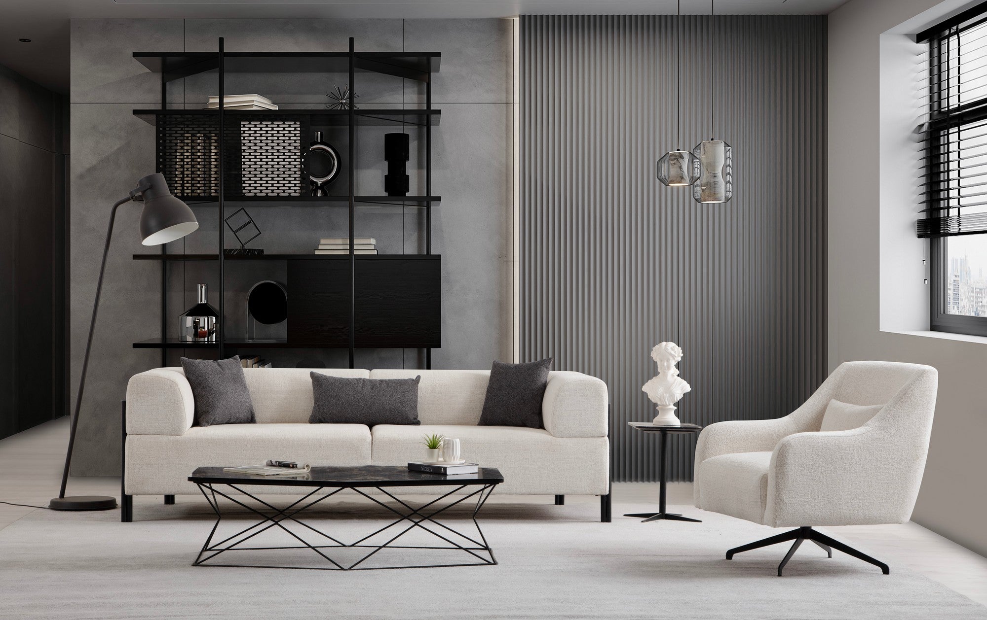 Sofá elegante de 3 lugares, branco, 225 x 93 x 75 cm | Estrutura em madeira de faia e aglomerado, 100% poliéster, pernas em metal preto | Design confortável e elegante para salas de estar modernas