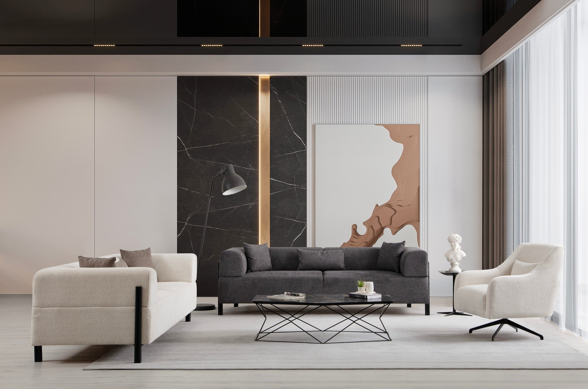 Sofá elegante de 3 lugares, branco, 225 x 93 x 75 cm | Estrutura em madeira de faia e aglomerado, 100% poliéster, pernas em metal preto | Design confortável e elegante para salas de estar modernas