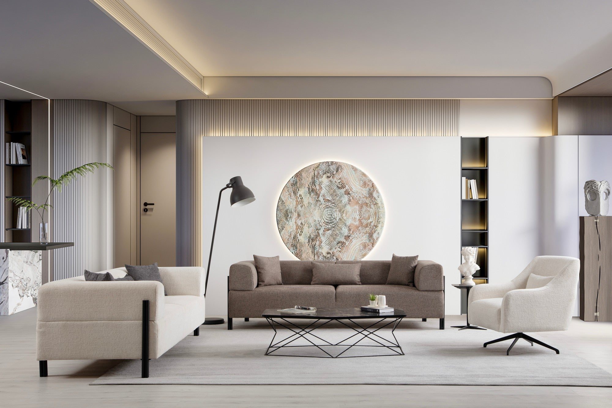 Sofá elegante de 3 lugares, branco, 225 x 93 x 75 cm | Estrutura em madeira de faia e aglomerado, 100% poliéster, pernas em metal preto | Design confortável e elegante para salas de estar modernas