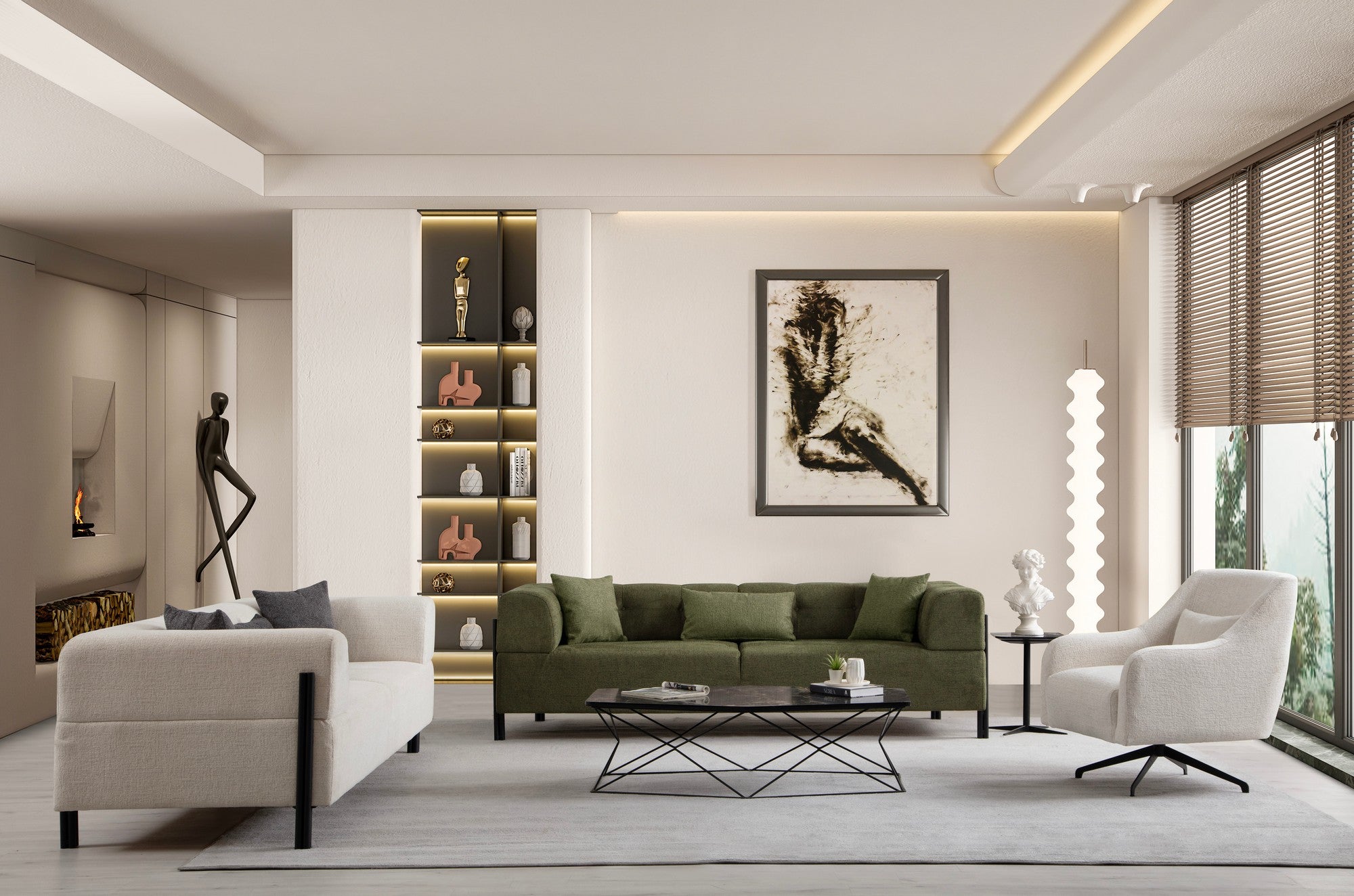 Sofá elegante de 3 lugares, branco, 225 x 93 x 75 cm | Estrutura em madeira de faia e aglomerado, 100% poliéster, pernas em metal preto | Design confortável e elegante para salas de estar modernas