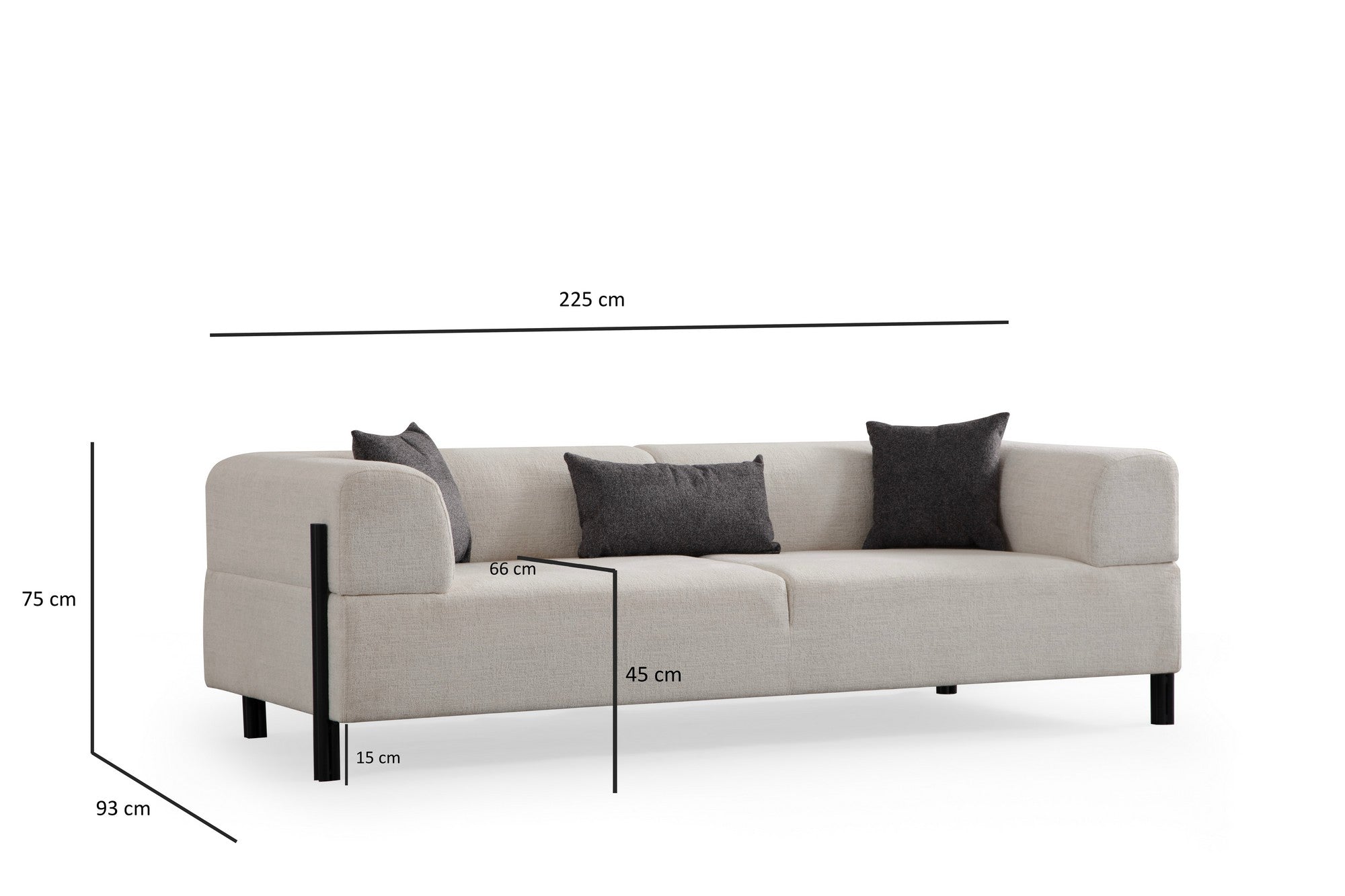 Sofá elegante de 3 lugares, branco, 225 x 93 x 75 cm | Estrutura em madeira de faia e aglomerado, 100% poliéster, pernas em metal preto | Design confortável e elegante para salas de estar modernas