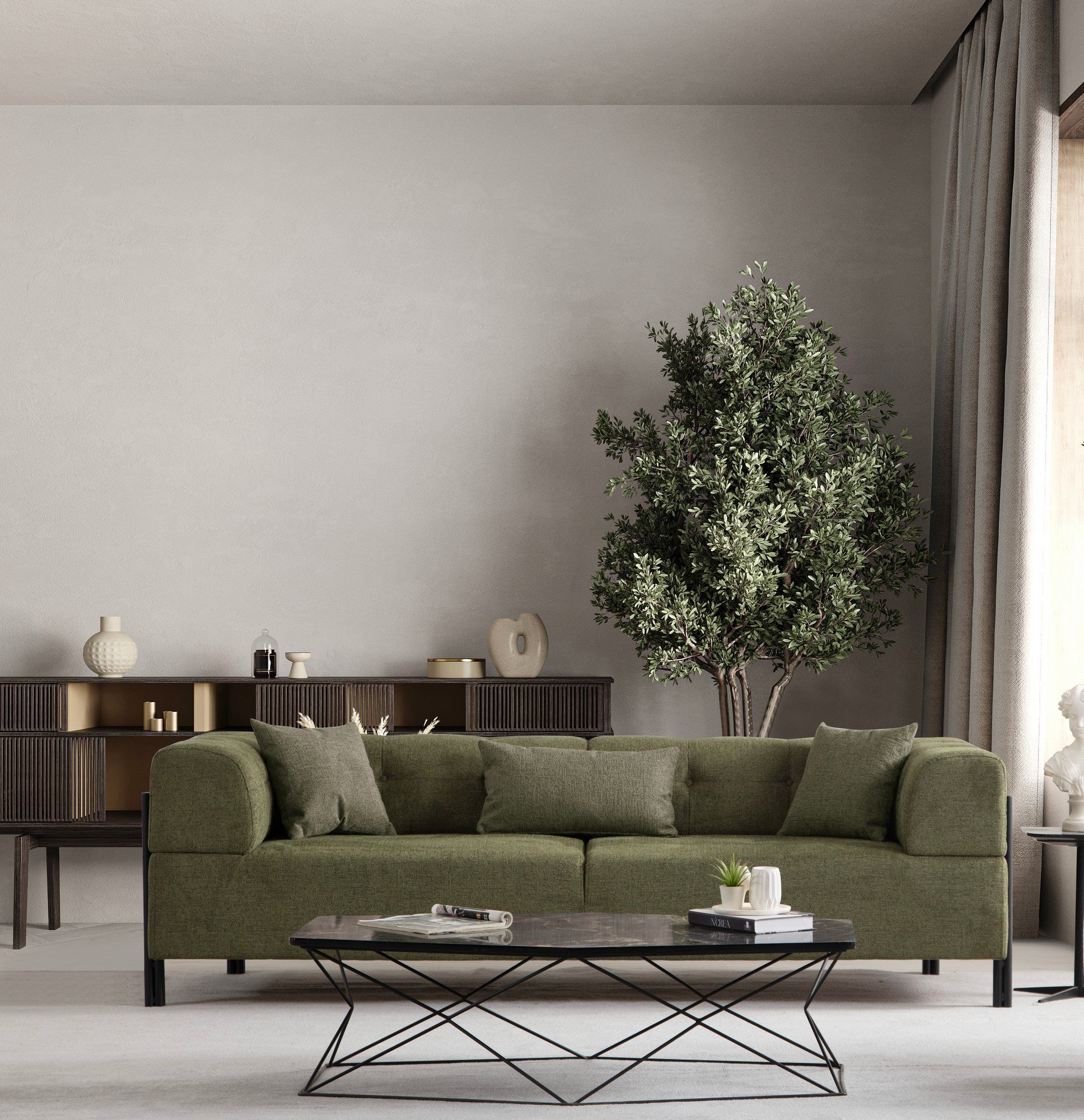 Sofá elegante de 3 lugares, tecido verde, 225 x 93 x 75 cm | Estrutura em madeira de faia e aglomerado, pernas em metal preto | Almofadas de espuma macia, lavável a seco, design moderno