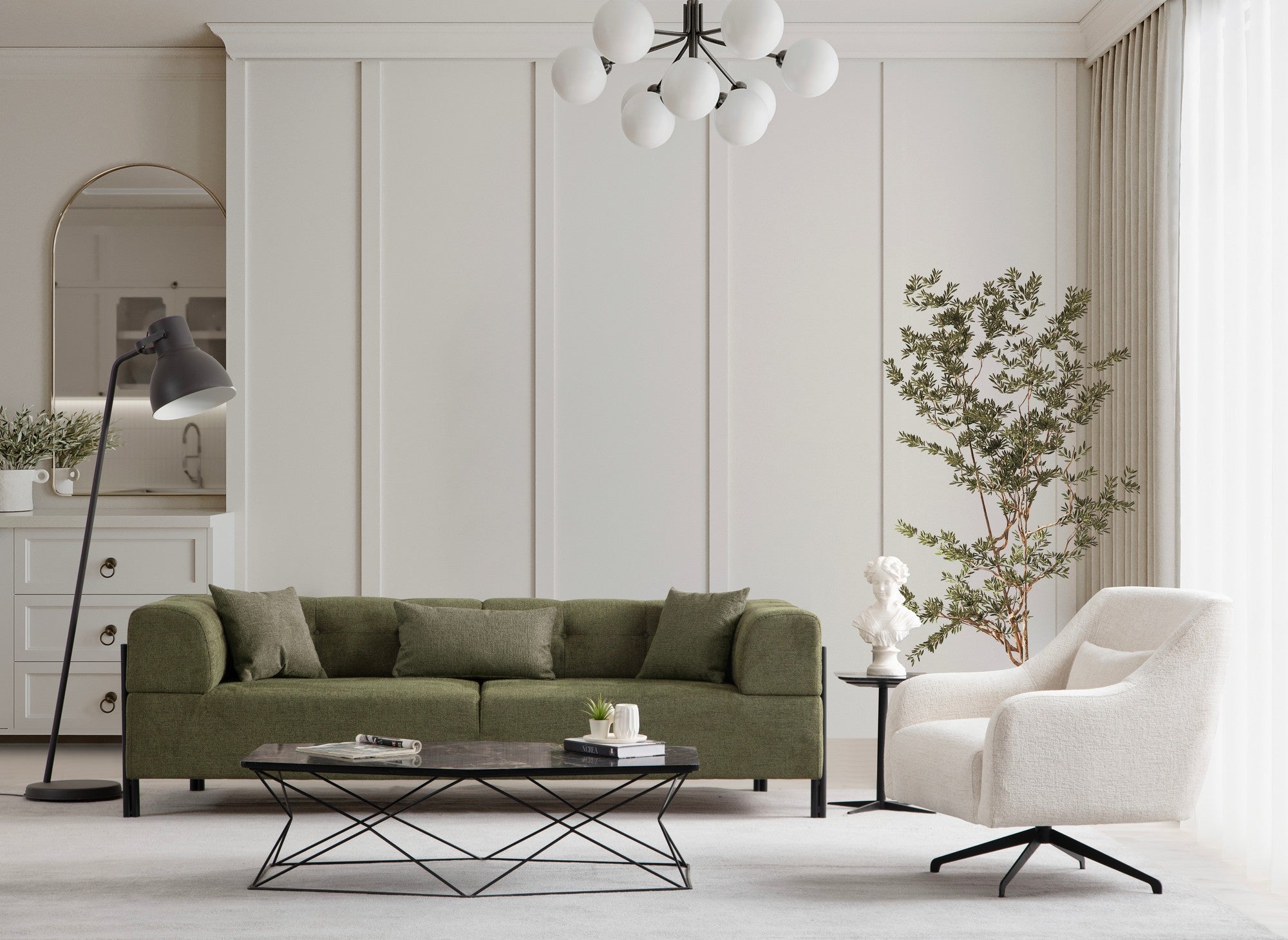 Sofá elegante de 3 lugares, tecido verde, 225 x 93 x 75 cm | Estrutura em madeira de faia e aglomerado, pernas em metal preto | Almofadas de espuma macia, lavável a seco, design moderno