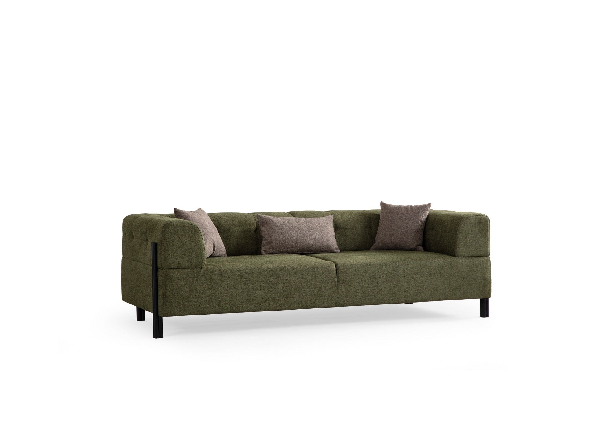 Sofá elegante de 3 lugares, tecido verde, 225 x 93 x 75 cm | Estrutura em madeira de faia e aglomerado, pernas em metal preto | Almofadas de espuma macia, lavável a seco, design moderno