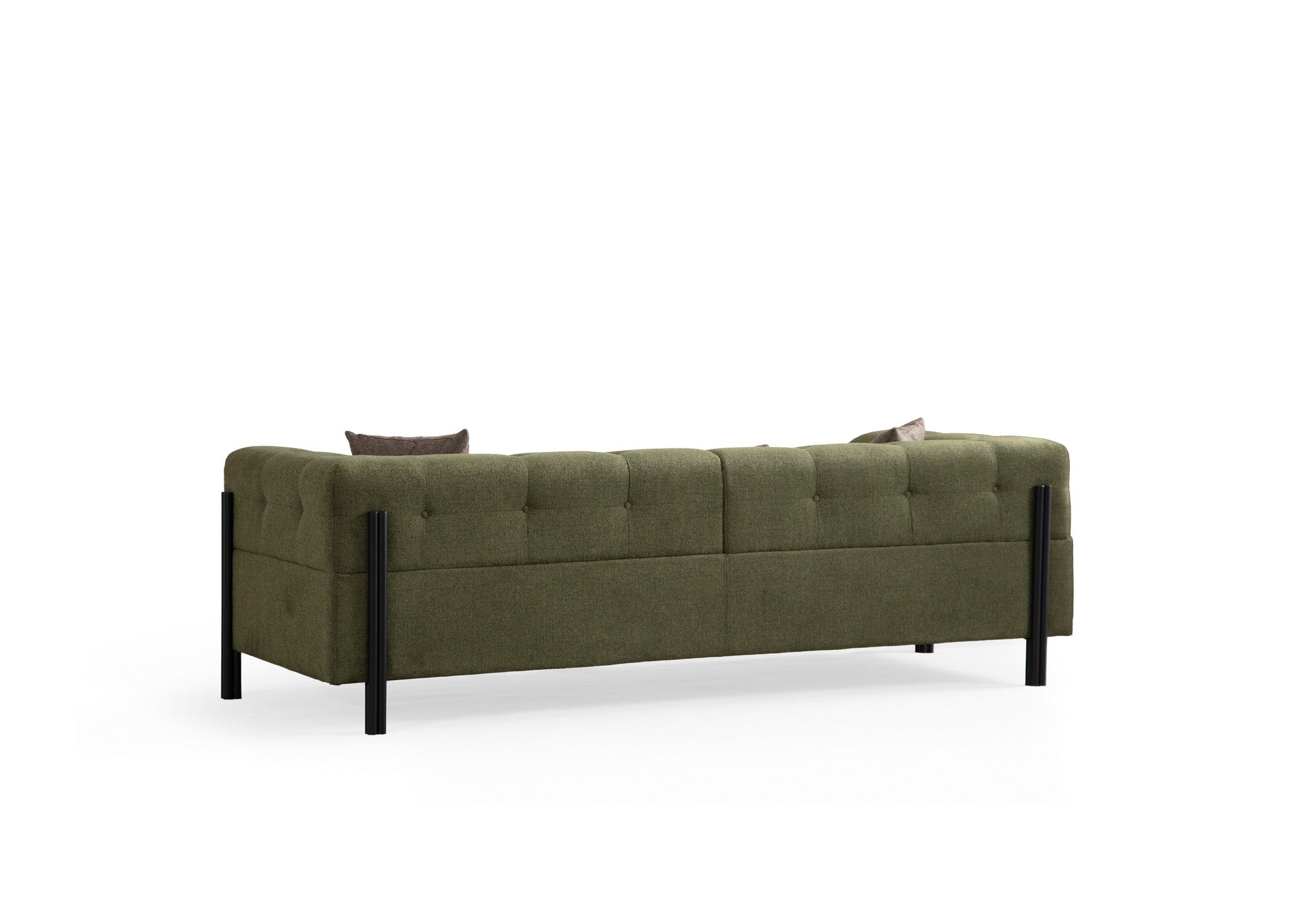 Sofá elegante de 3 lugares, tecido verde, 225 x 93 x 75 cm | Estrutura em madeira de faia e aglomerado, pernas em metal preto | Almofadas de espuma macia, lavável a seco, design moderno