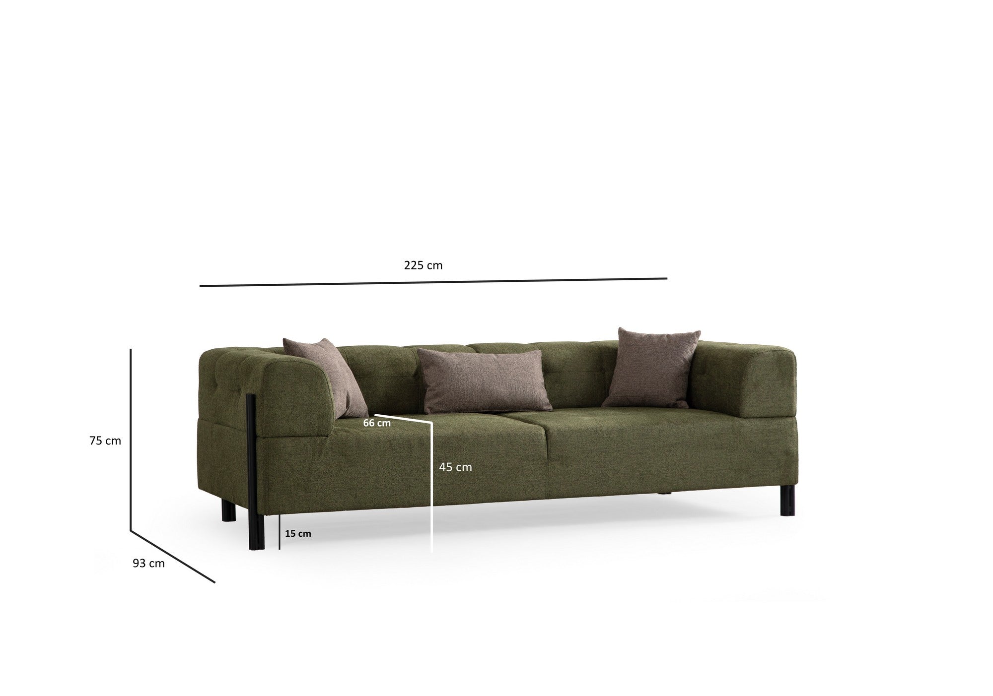 Sofá elegante de 3 lugares, tecido verde, 225 x 93 x 75 cm | Estrutura em madeira de faia e aglomerado, pernas em metal preto | Almofadas de espuma macia, lavável a seco, design moderno