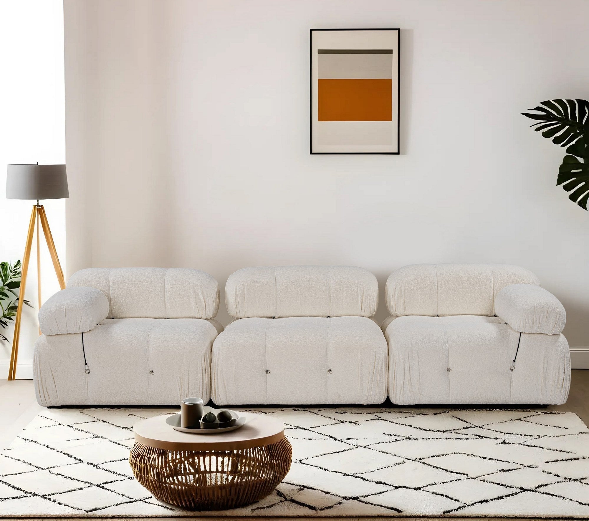 Sofá elegante de 3 lugares, branco, 288 x 95 x 75 cm | Estrutura em madeira de faia e aglomerado, 100% poliéster, encosto e braço removíveis | Conforto em espuma macia, design moderno