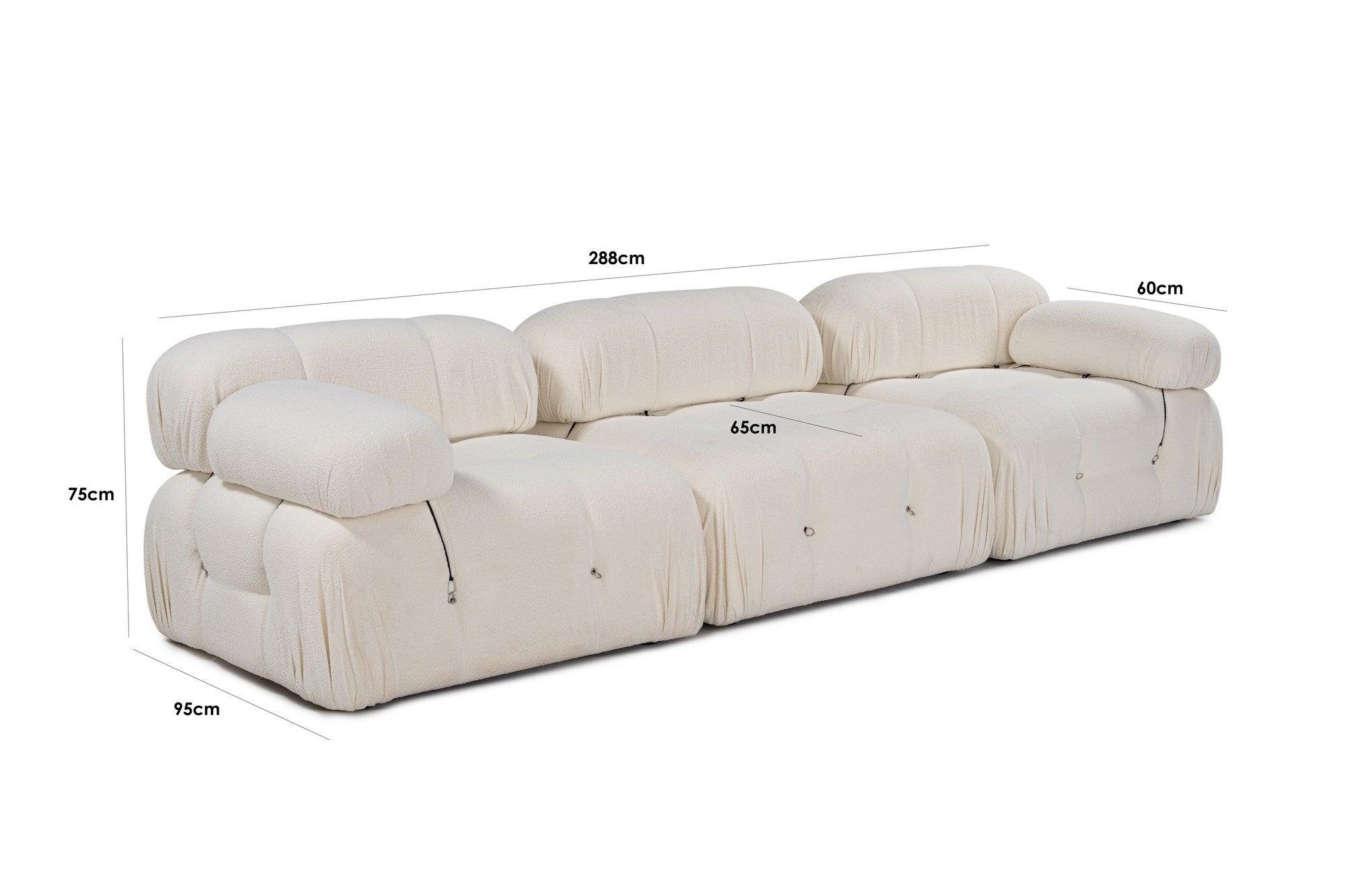 Sofá elegante de 3 lugares, branco, 288 x 95 x 75 cm | Estrutura em madeira de faia e aglomerado, 100% poliéster, encosto e braço removíveis | Conforto em espuma macia, design moderno