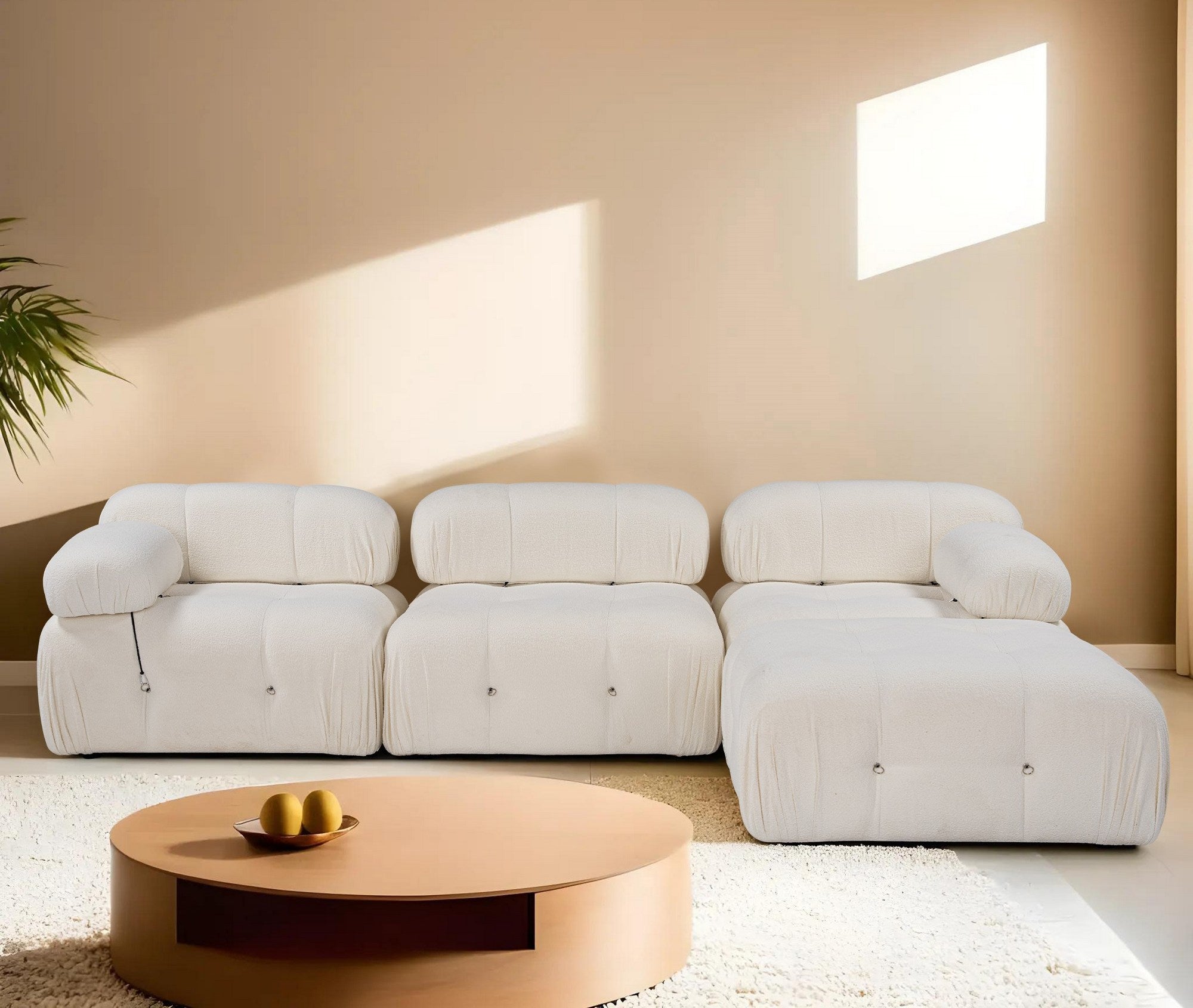 Sofá de canto elegante, branco, 288 x 190 x 95 cm | Estrutura em madeira de faia e aglomerado, 100% poliéster, encosto e braço removíveis | Conforto em espuma macia, design moderno