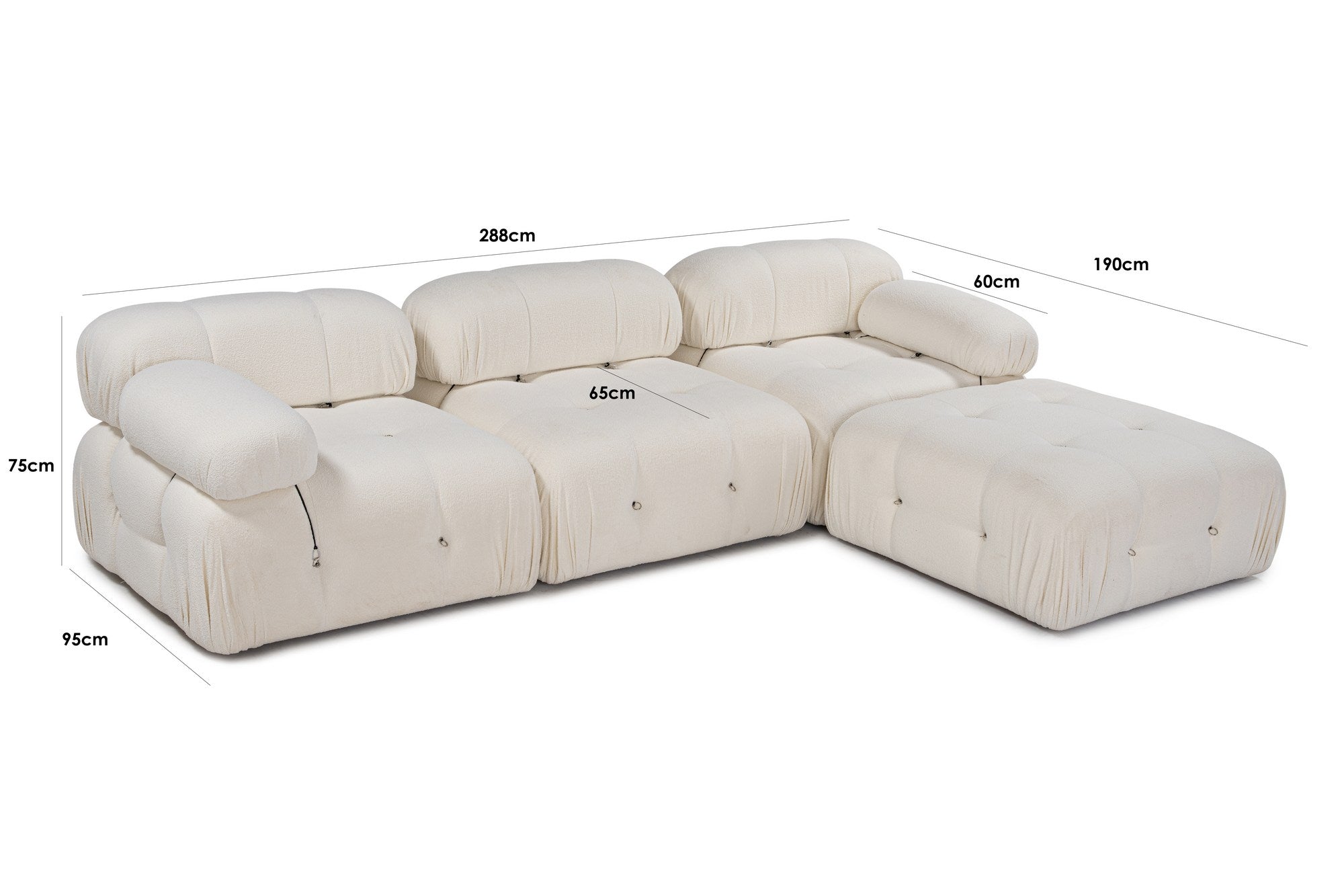 Sofá de canto elegante, branco, 288 x 190 x 95 cm | Estrutura em madeira de faia e aglomerado, 100% poliéster, encosto e braço removíveis | Conforto em espuma macia, design moderno