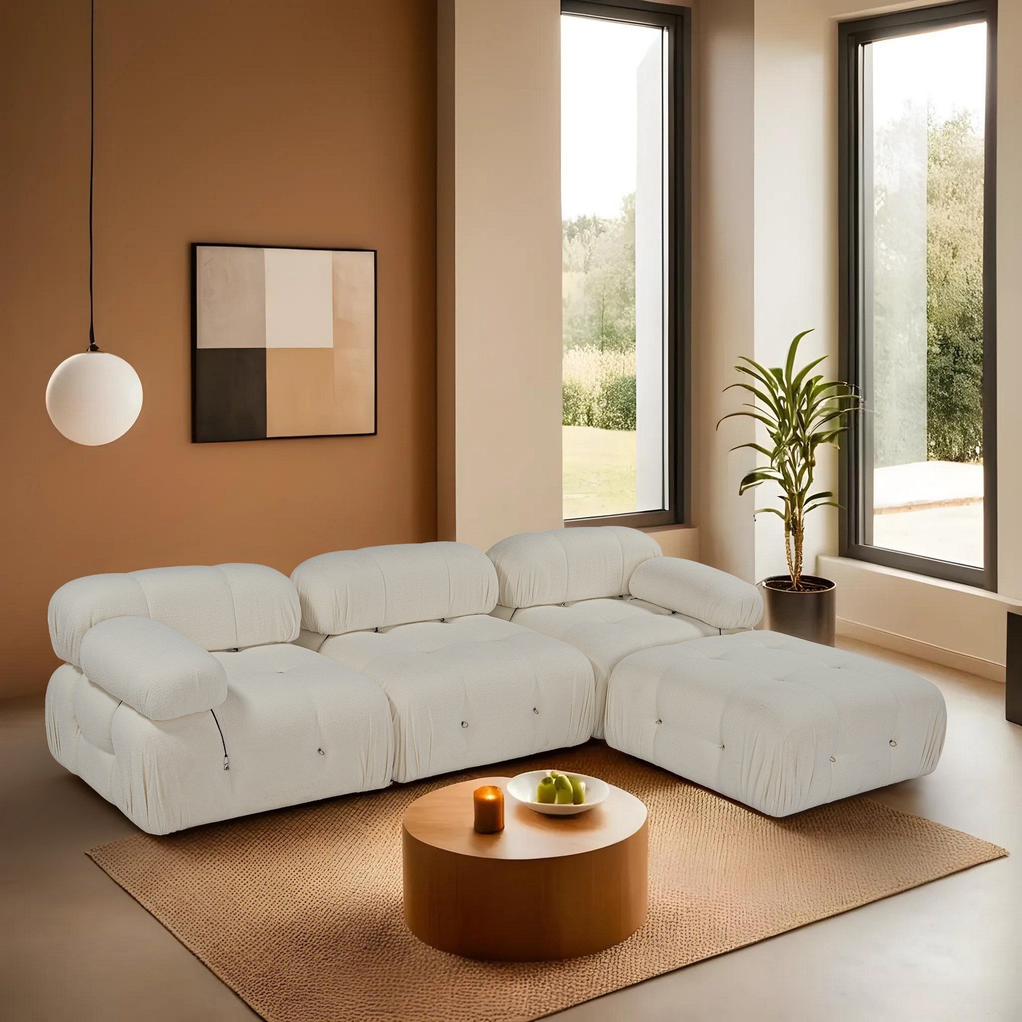 Sofá de canto elegante, branco, 288 x 190 x 95 cm | Estrutura em madeira de faia e aglomerado, 100% poliéster, encosto e braço removíveis | Conforto em espuma macia, design moderno
