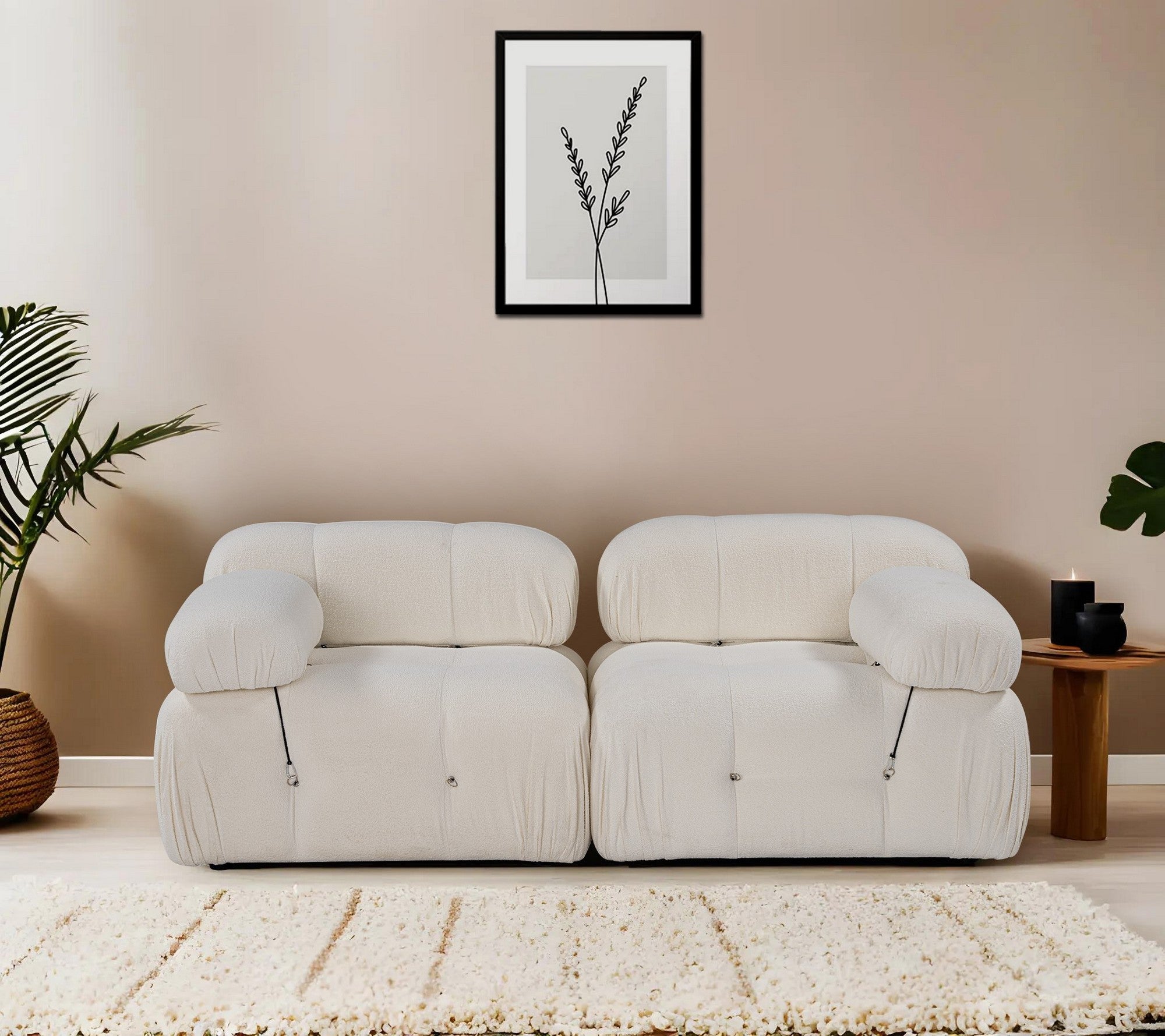 Sofá elegante de 2 lugares, cor creme, 190 x 95 x 75 cm | Estrutura em madeira de faia e aglomerado, 100% poliéster, encosto e braço removíveis | Design modular personalizável
