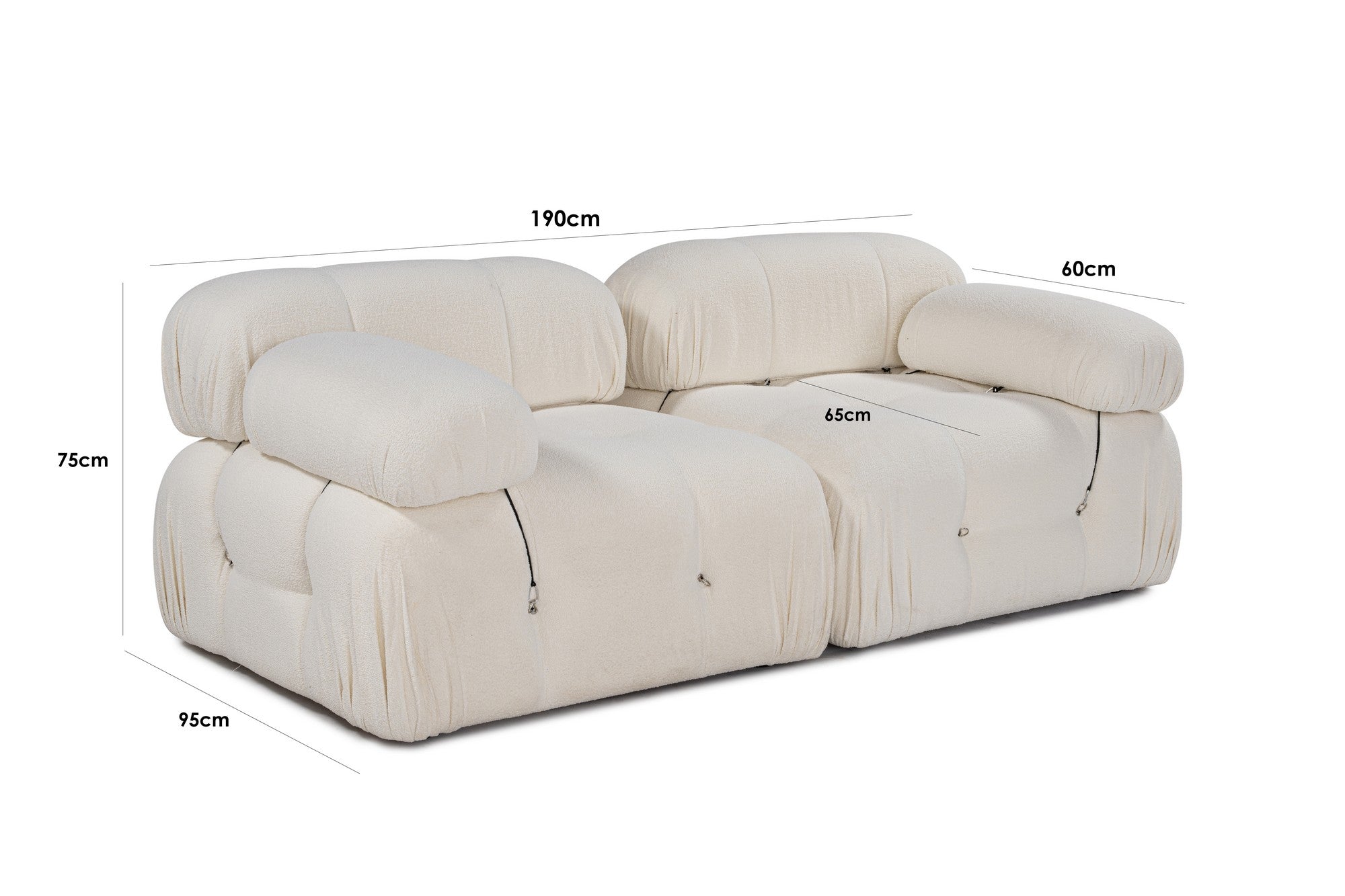 Sofá elegante de 2 lugares, cor creme, 190 x 95 x 75 cm | Estrutura em madeira de faia e aglomerado, 100% poliéster, encosto e braço removíveis | Design modular personalizável