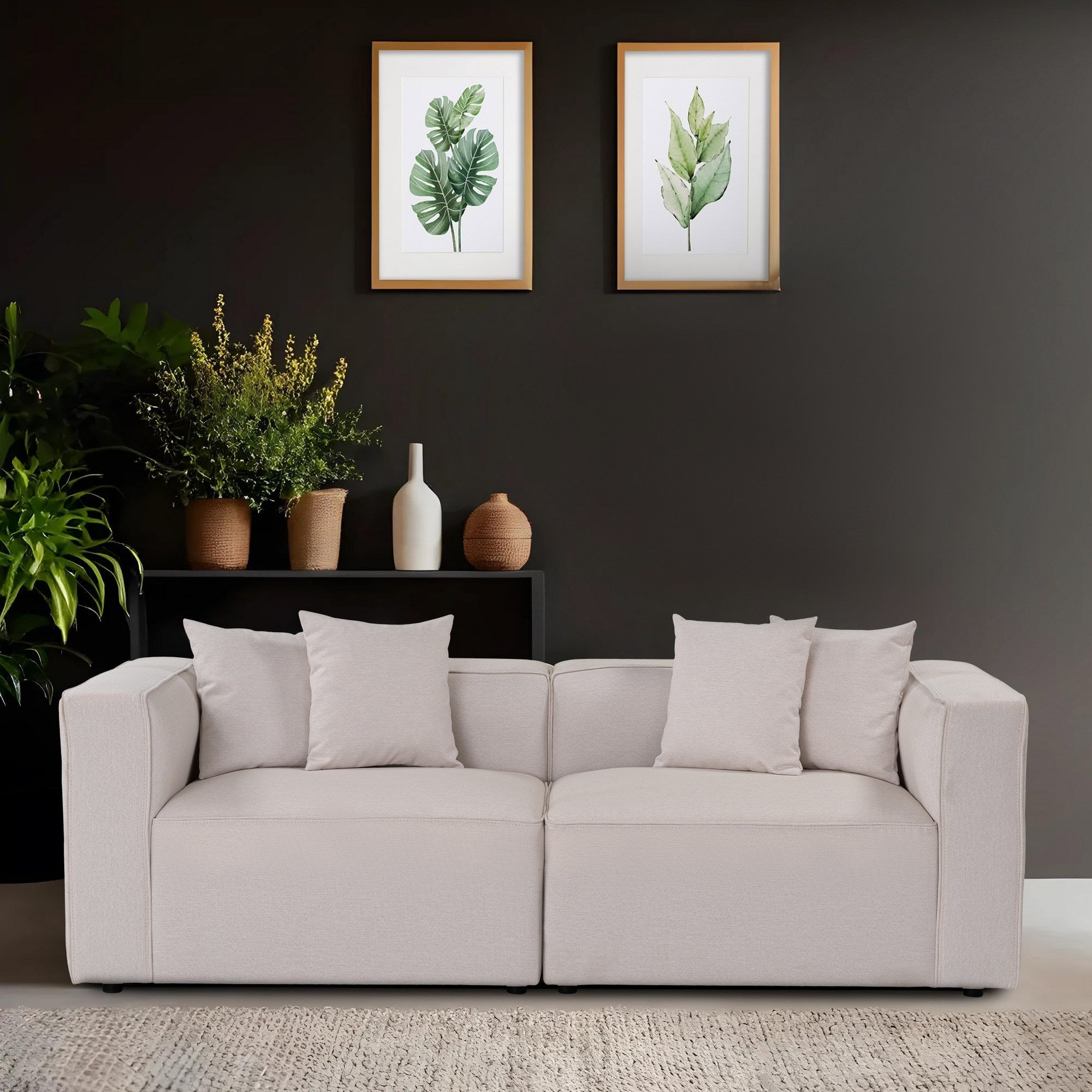Sofá de 2 lugares em cru, tecido com textura macia, estrutura de faia e abeto, 220 x 69 x 90 cm | 30 almofadas de espuma DNS, elegantes e confortáveis para espaços modernos