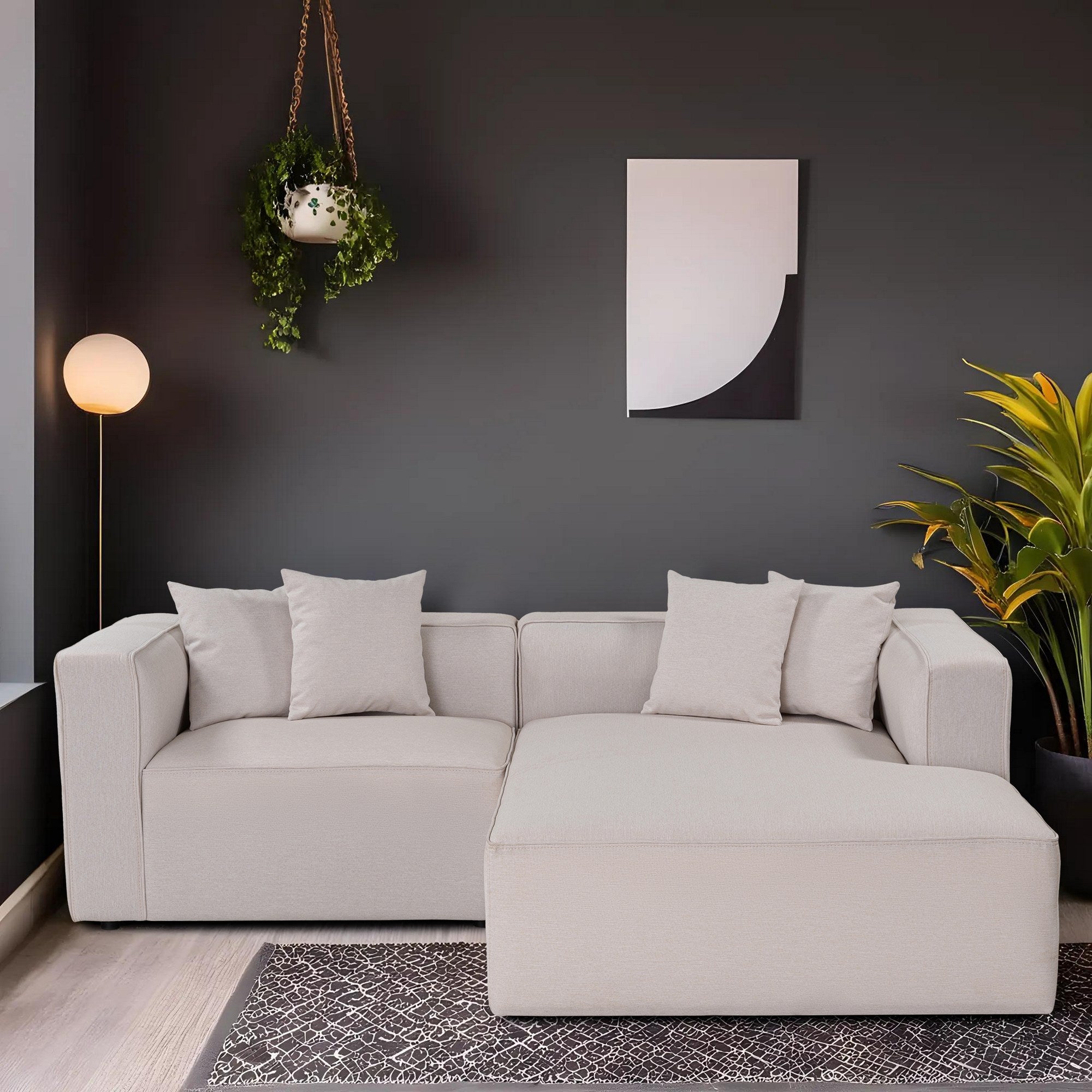 Sofá de canto elegante em cru, 230 cm x 180 cm x 69 cm | Tecido de textura macia, estrutura de faia e abeto, 30 almofadas de espuma DNS | Perfeito para salas de estar modernas