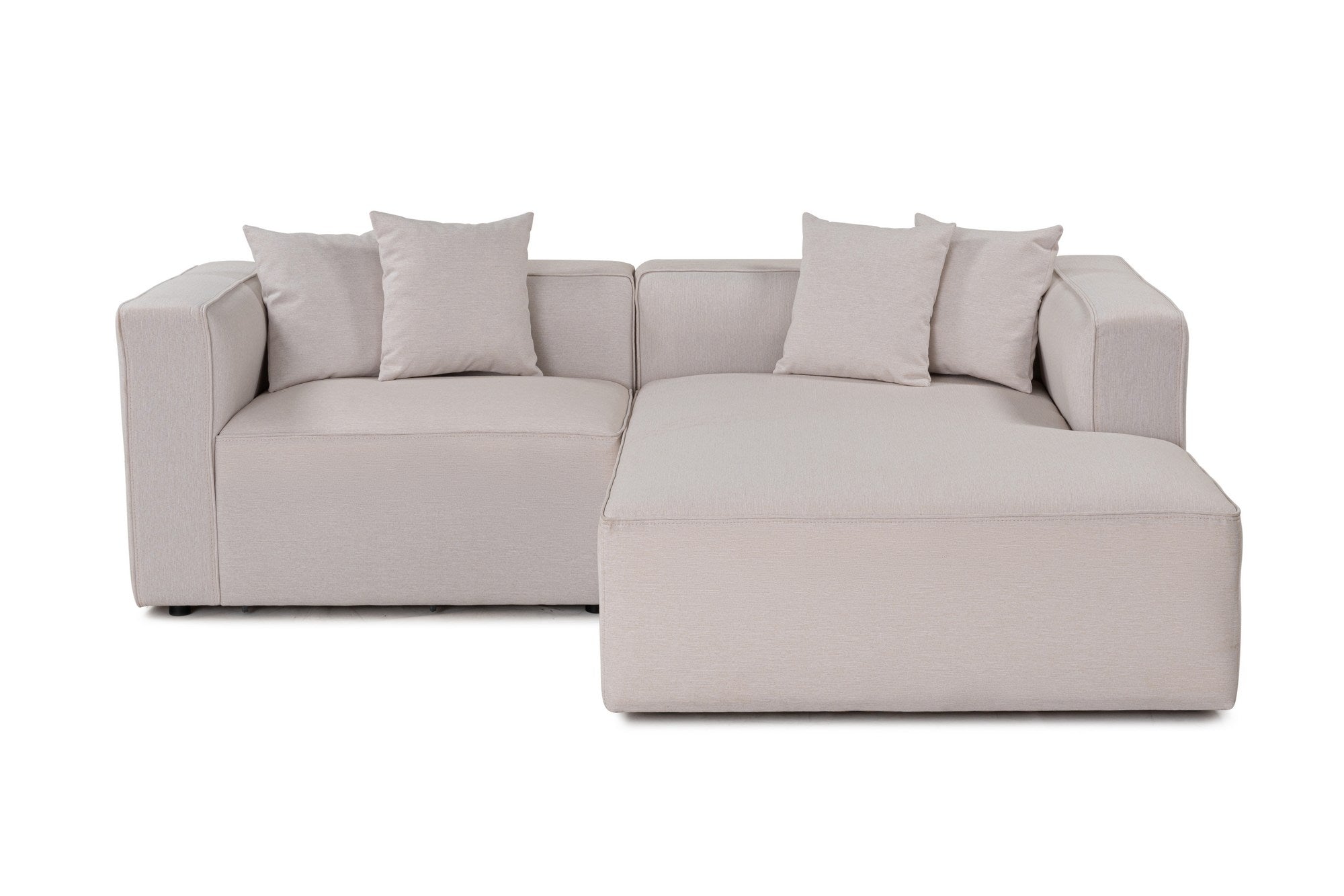 Sofá de canto elegante em cru, 230 cm x 180 cm x 69 cm | Tecido de textura macia, estrutura de faia e abeto, 30 almofadas de espuma DNS | Perfeito para salas de estar modernas