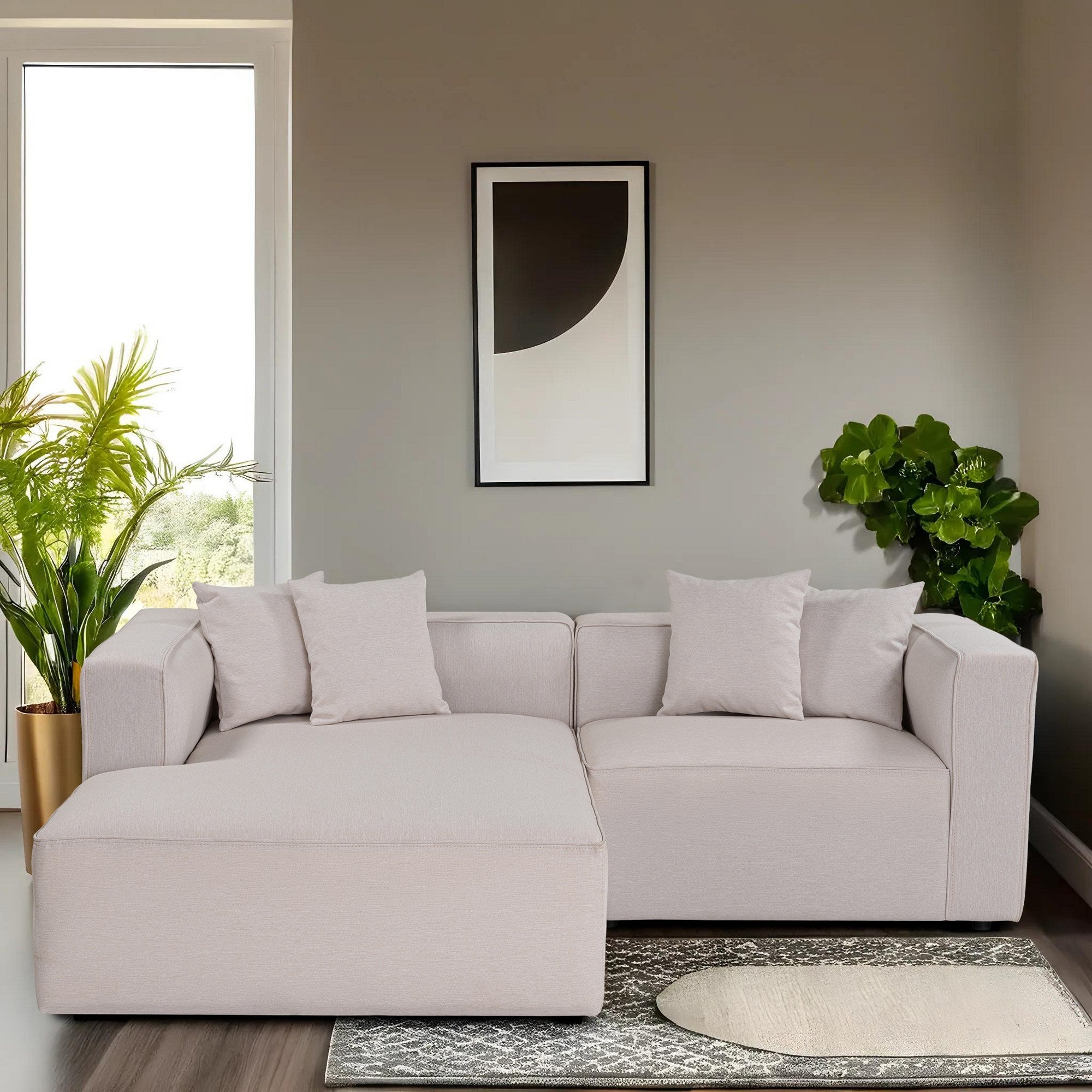 Sofá de canto elegante em cru, 230 cm x 180 cm x 69 cm | Tecido de textura macia, estrutura de faia e abeto, 30 almofadas de espuma DNS | Perfeito para salas de estar modernas