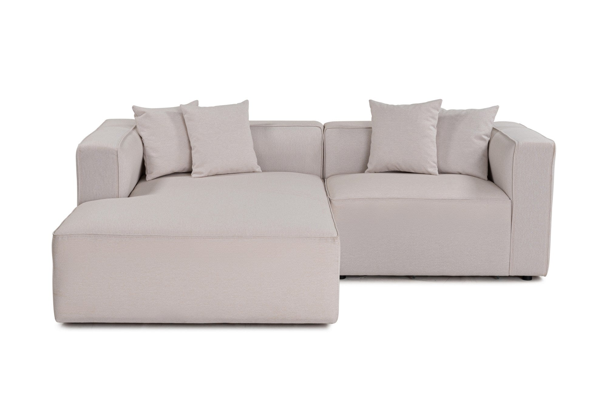 Sofá de canto elegante em cru, 230 cm x 180 cm x 69 cm | Tecido de textura macia, estrutura de faia e abeto, 30 almofadas de espuma DNS | Perfeito para salas de estar modernas